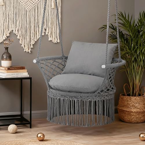 Miniatura 7 de MoNiBloom Silla colgante de macramé, estilo bohemio, con cuerda de algodón, con borlas, máximo 350 libras para dormitorio, sala de estar, porche,