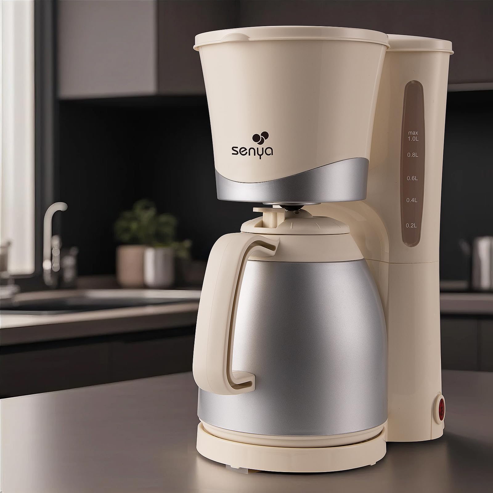 SENYA Cafetera Eléctrica Crema 1L – Cafetera Filtro con jarra Isotérmica, compacta y elegante, apagado automático, fácil de usar y limpiar