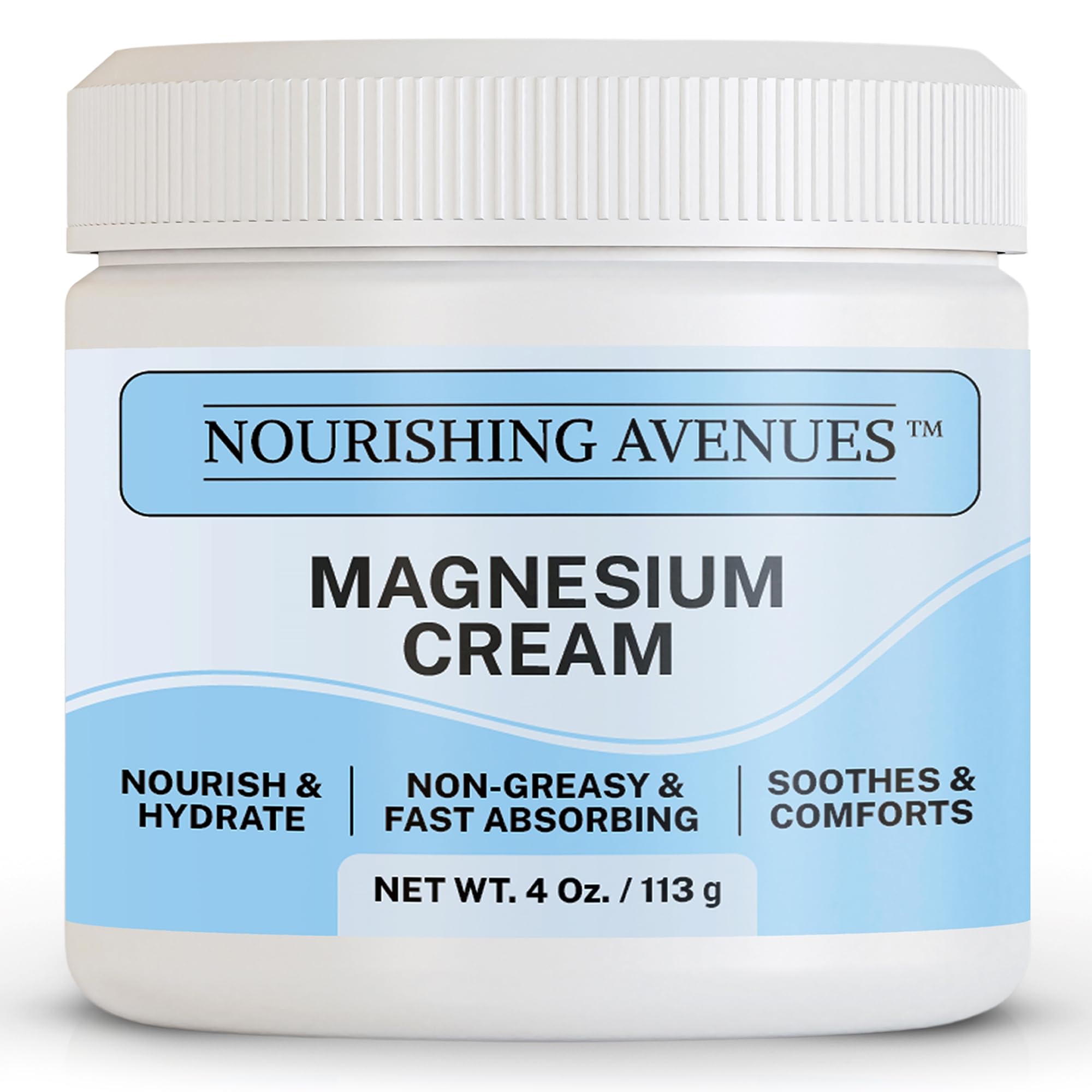 Magnesium Cream - Natural Magnesium Cream for Skin Care of Body, Legs & Feet - Non-Greasy - Unscented Formula for Nighttime – Hydrating Topical Moisturizer - Nourishing Avenues 4 Oz