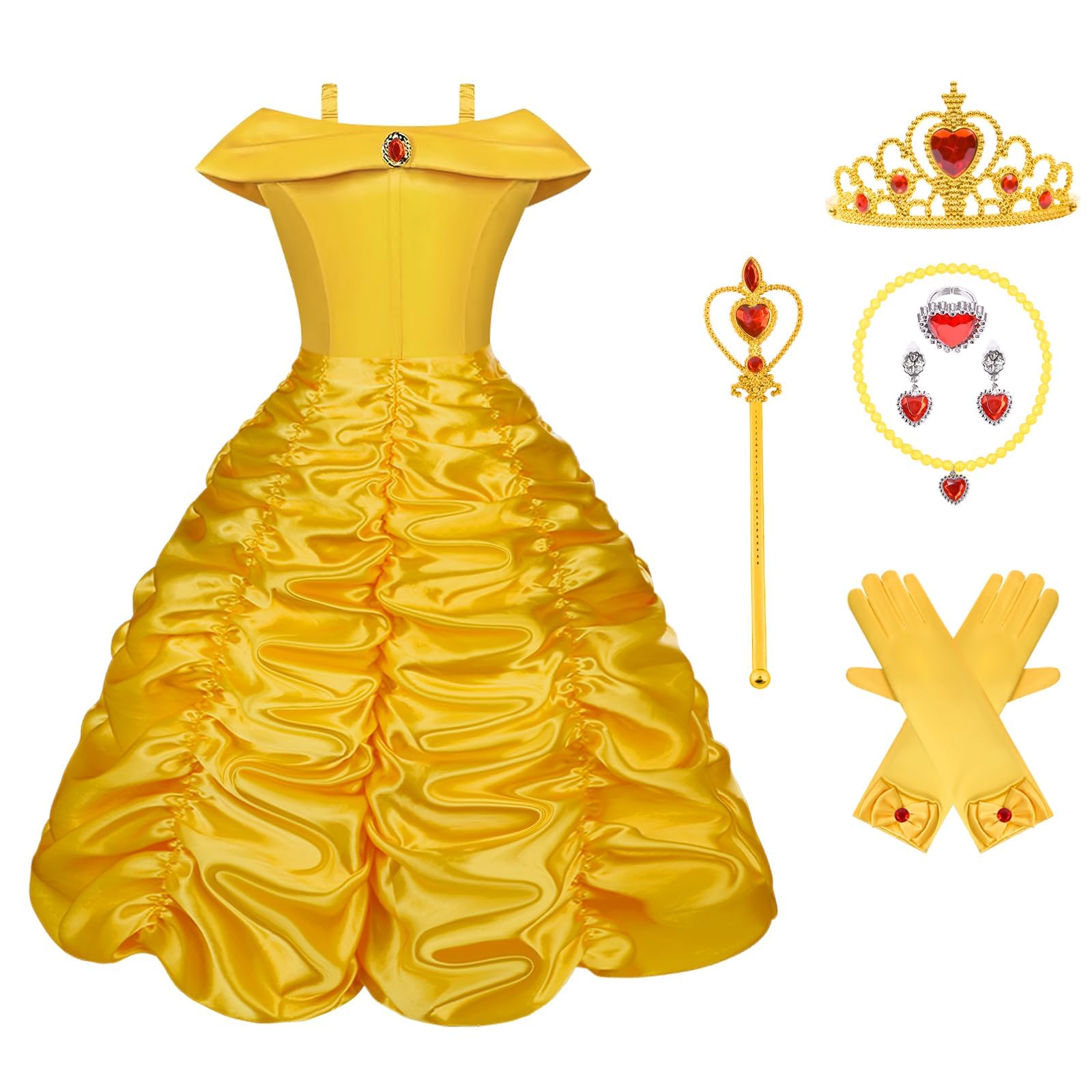 Vicloon Belle Cosplay Costume, Principessa Belle Carnevali Costume Vestito da Ragazza con Principessa Corona, Principessa Bacchetta, Cosplay Party Halloween Abito Vestito da Festa di Compleanno, 150CM
