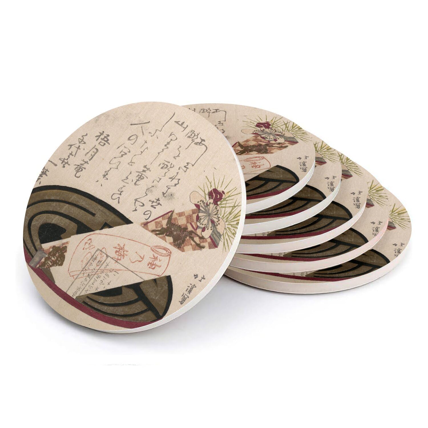 Sous verre ronds en céramique estampe japonaise - Lot de 6 dessous de verre vintage 108x108mm