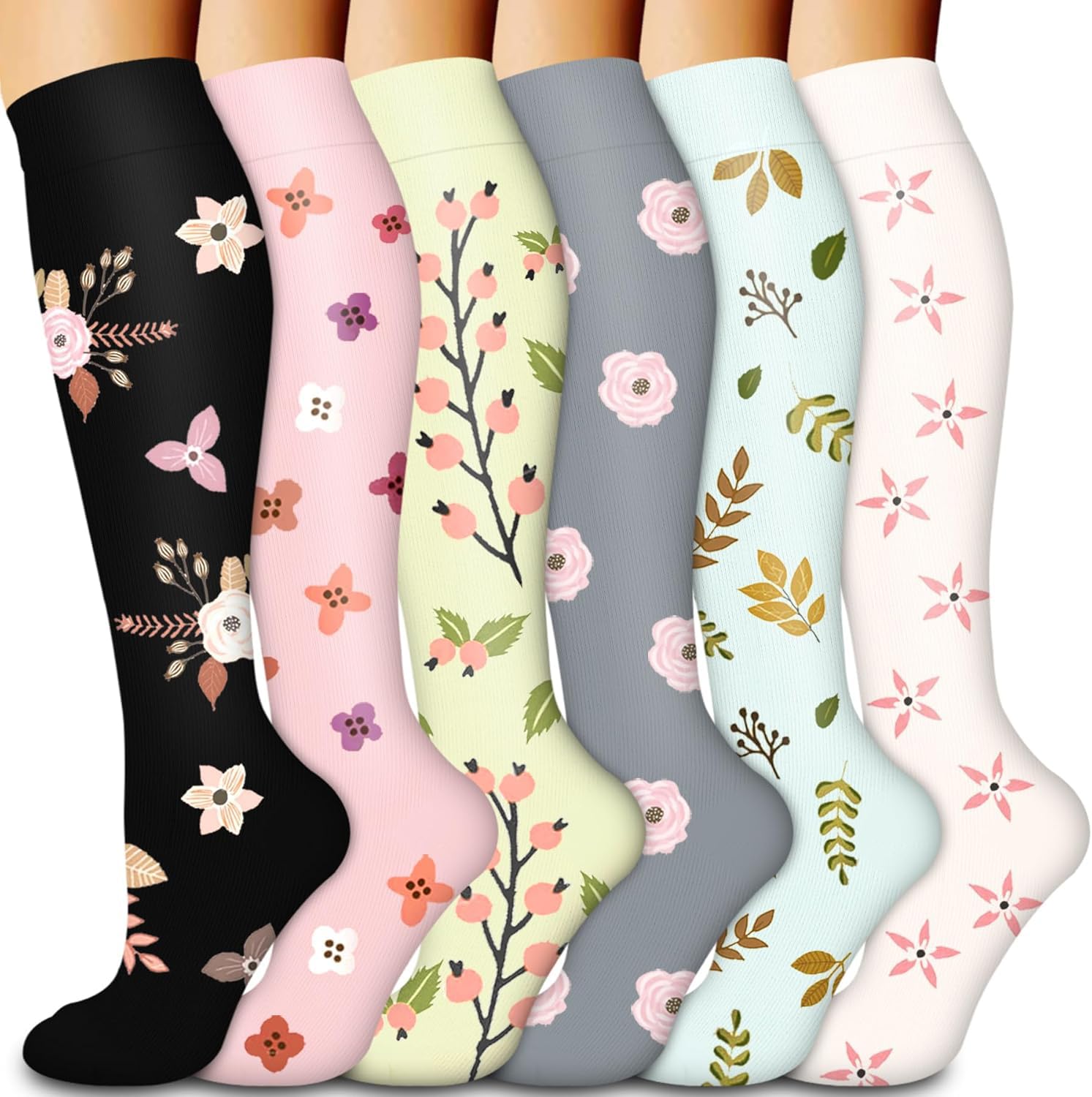 Awxuock Women's C-Assorted-1 Compression Socks For And Men 15-20 Mmhg 6 Pack Compression Stockings Circulation-Best Support For Medical,Running,Nursing,Athletic (, Small-Medium)