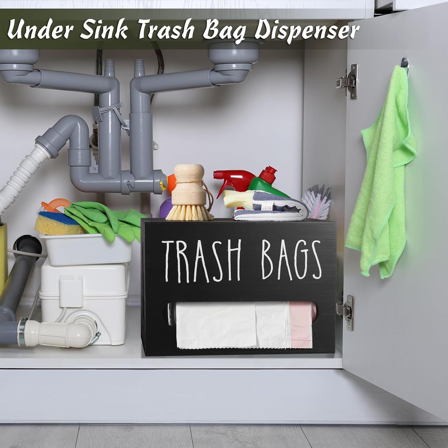 DRASTAR Trash Bag Dispenser, Large Wooden Trash Bag Holder Wall Mount, Black Roll Holder for for 13-gallon Plastic Garbage Bags Dispenser Countertop, Under Kitchen Sink Organization