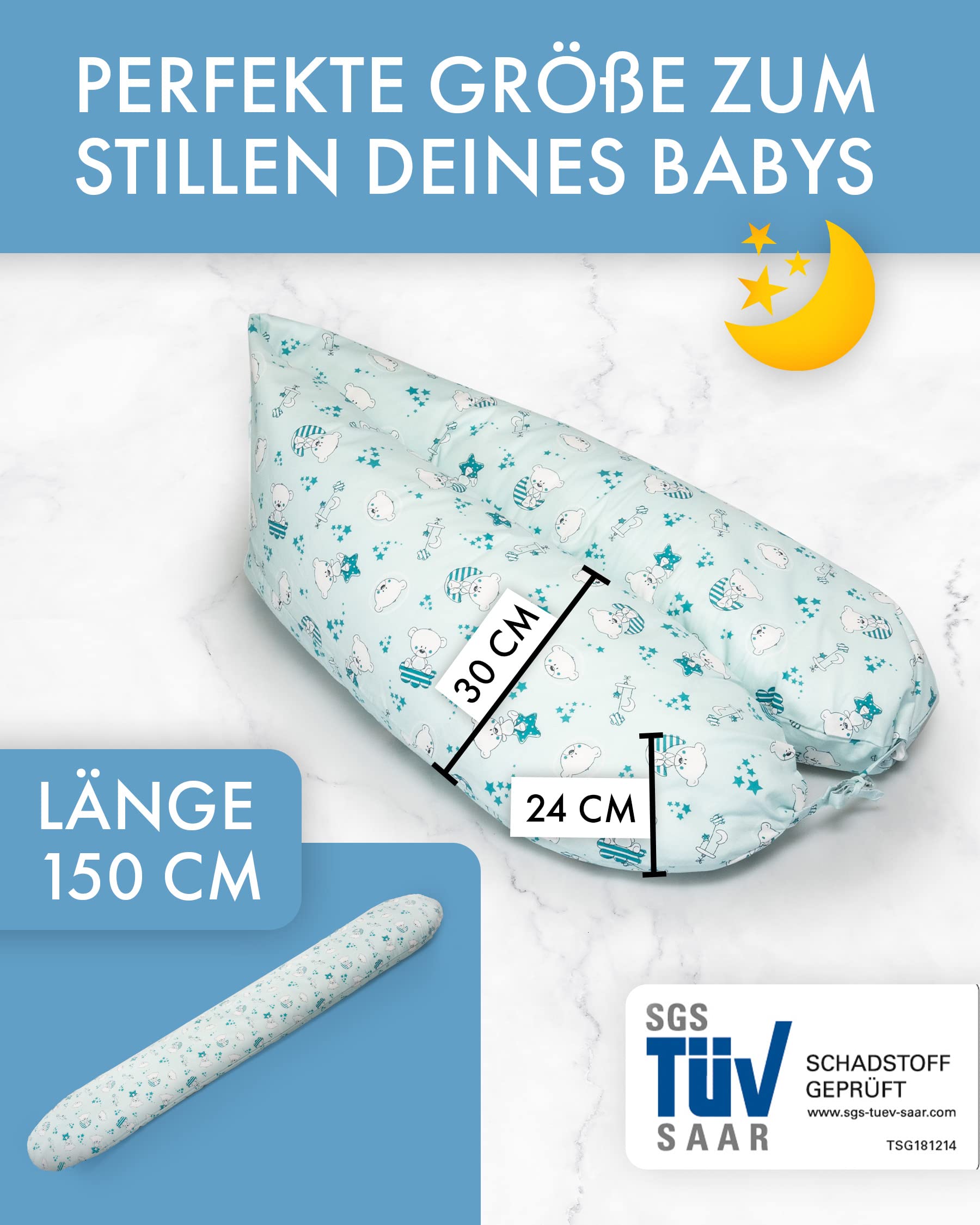 Stillkissen - hochwertiges Schwangerschaftskissen - anschmiegsames Lagerungskissen aus Baumwolle - schadstofffreies Seitenschläferkissen - 150cm - Goteborg