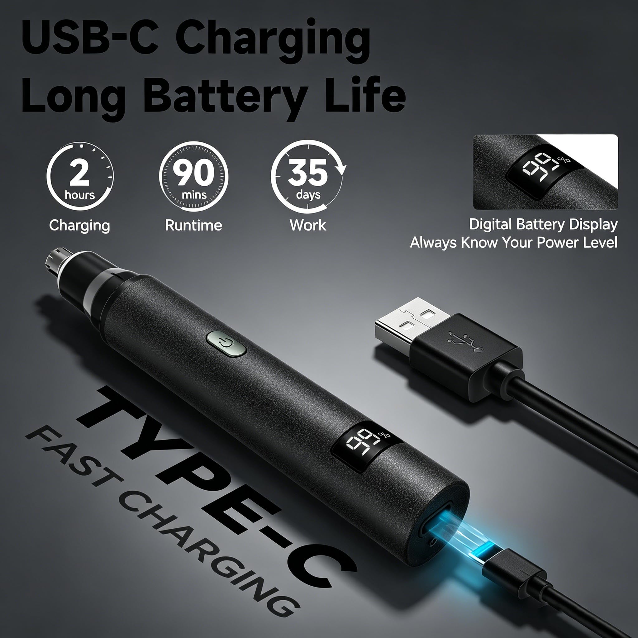 RUIM 3-in-1 Nasenhaarschneider für Männer & Frauen, schmerzloser Augenbrauen-Ohr-Gesichtspflege, USB-C Schnellladung Wasserdicht mit LED-Anzeige, Duschsicheres Reise-Kit Geschenk für Papa Weihnachten