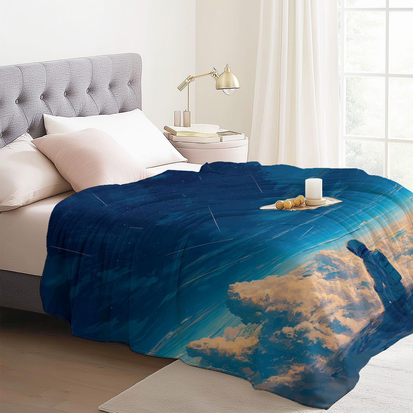 Manta mullida de 180 x 220 cm – Manta de franela suave y romántica reversible para sofá, astronauta, cielo estrellado, nubes, manta de forro polar, manta extra cálida para el salón, camping o oficina
