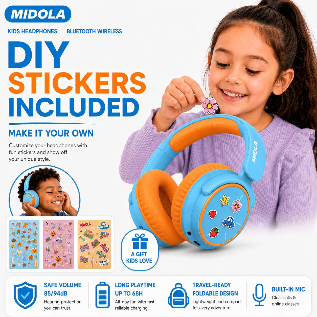 MIDOLA Auriculares para niños, Bluetooth 5.3, volumen inalámbrico, limitado, 85/94 dB, protección auditiva, sobre la oreja, 68 horas de reproducción, plegables, ligeros, micrófono integrado, para