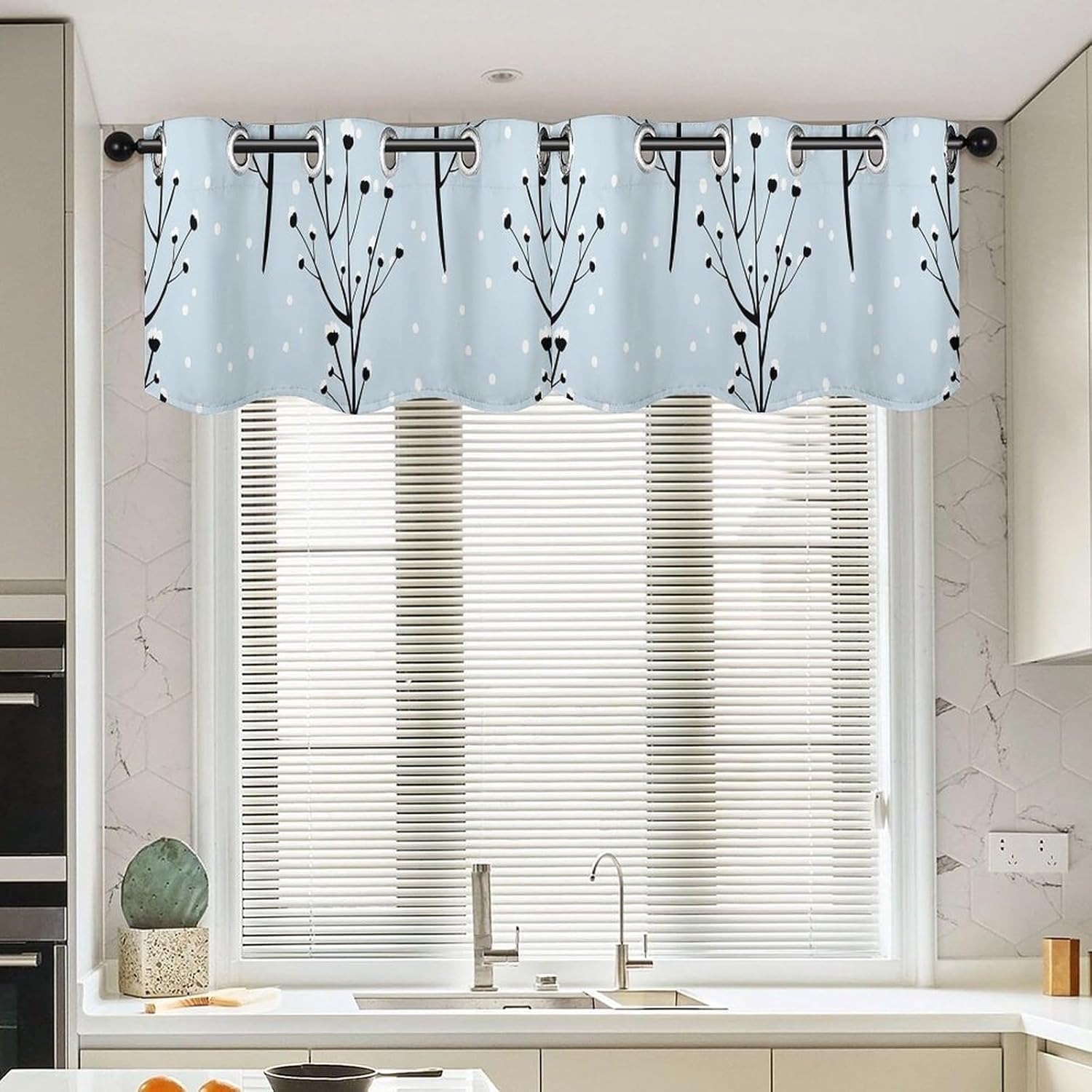 Light Blue Branches Valance for Windows, 2 Pack Kitchen Curtains Modern Home Decor, Soft Blackout Window Curtains for Living Room & Bedroom, 18 X 52 Inch