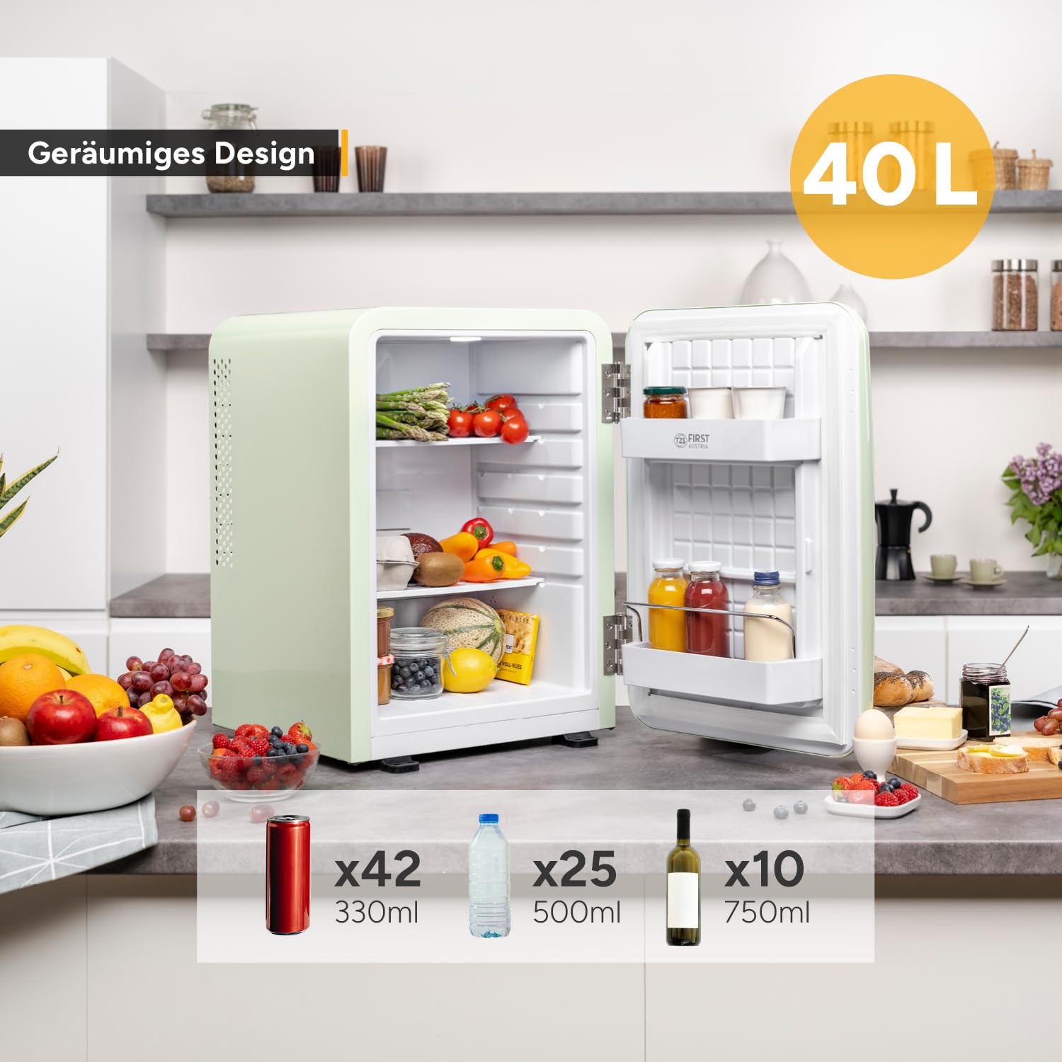 TZS First Austria Retro Mini Kühlschrank 40L Lautlos Vintage Minibar