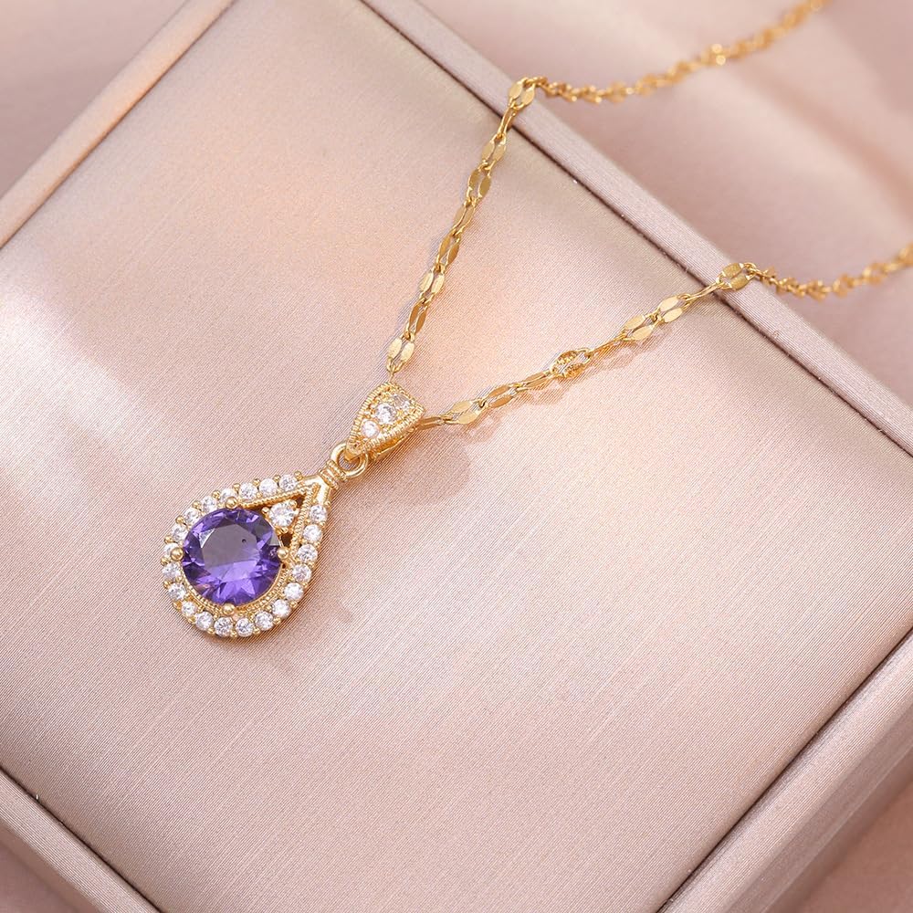 Elegant 18K Gold Plated Teardrop Pendant Necklace with Purple Cubic Zirconia and Crystal Accents – Dainty Statement Jewelry for Women - Image 3