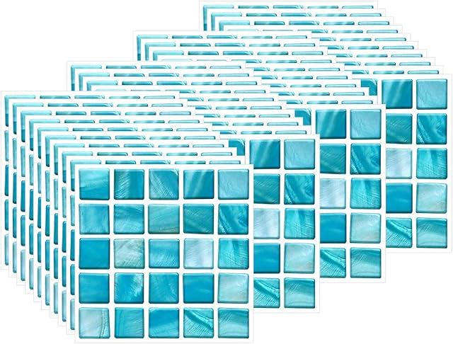 FBBULES 40PCS Tile Stickers, PVC Self-Adhesive On Tile Peel Stick Wallpaper Waterproof Wall Tiles Transfers Decor for Living Room Kitchen Mosaic Style Sky Blue (10 x 10cm / 4 x 4 inch)
