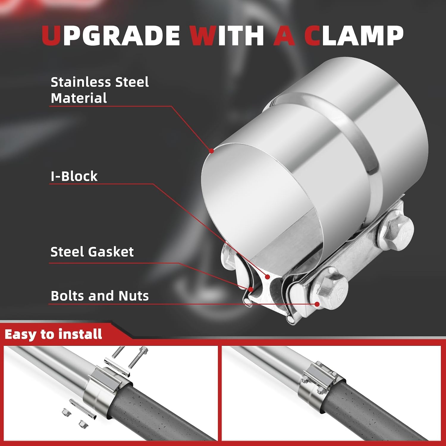 LCGP 2.5 Inch Straight Exhaust Pipe, 2.5" Stainless Steel Straight Muffler Replacement Pipe, 17.3" Length Mandrel Exhaust Tube with Two Lap Joint Band Clamps(New Version)