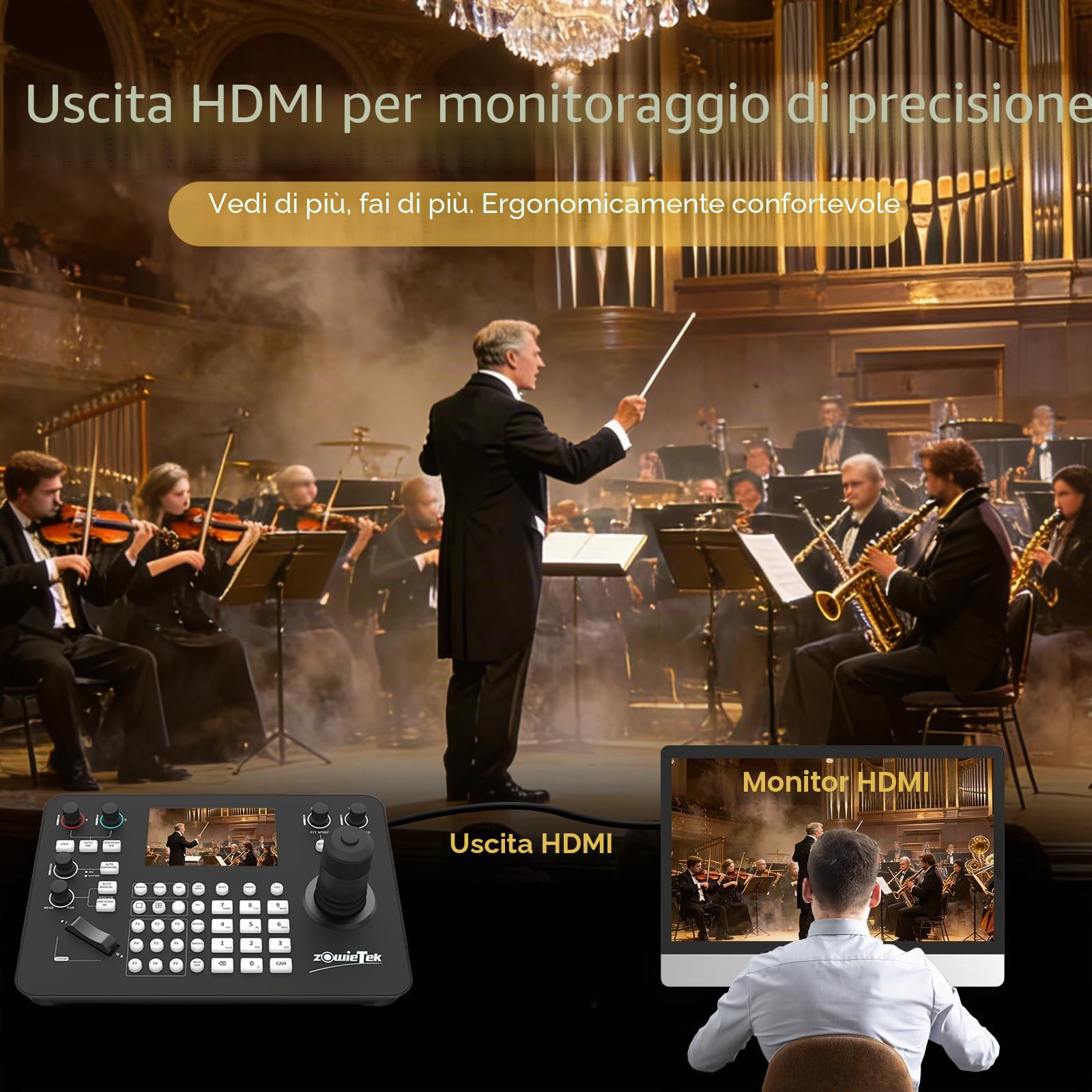 Zowietek Controller PTZ Joystick Keyboard, ZowieKBD, Display LCD da 5 '', Controller automatico di rilevamento telecamera PTZ, controllo di gruppo, uscita HDMI, VISCA/PELCO, Tally,NDI|HX3 aggiornabile