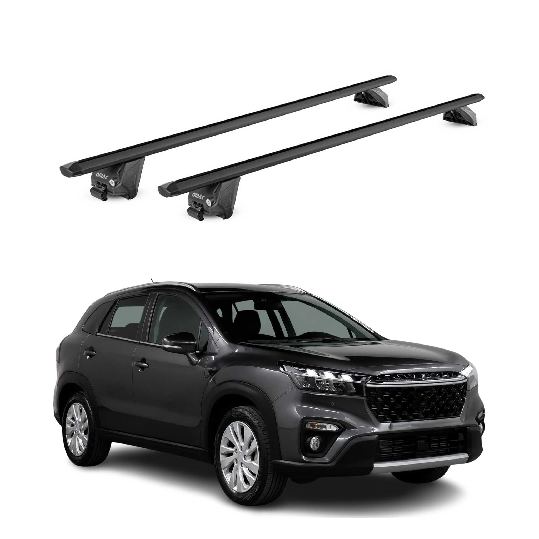 OMAC Barre Portatutto Alluminio TÜV geprüft per Suzuki S-Cross 2022-2026 – per Rail Tetto Integrati – T Nut – Max 100 kg – 2 Schlösser Nero