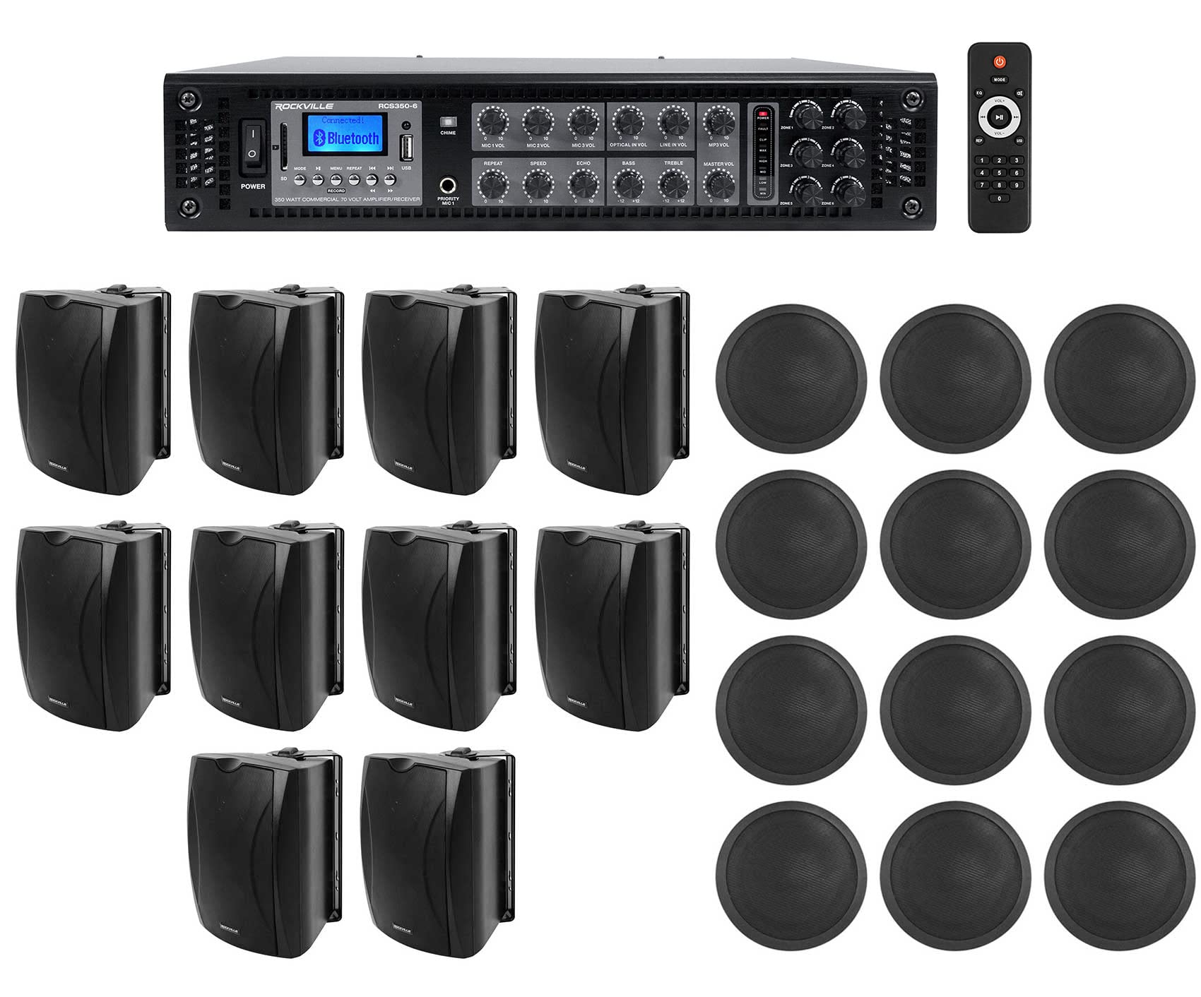 Rockville Bundle RCS350-6 Commercial Amp Bluetooth Bundle with (10) WET-6B 70V 6.5