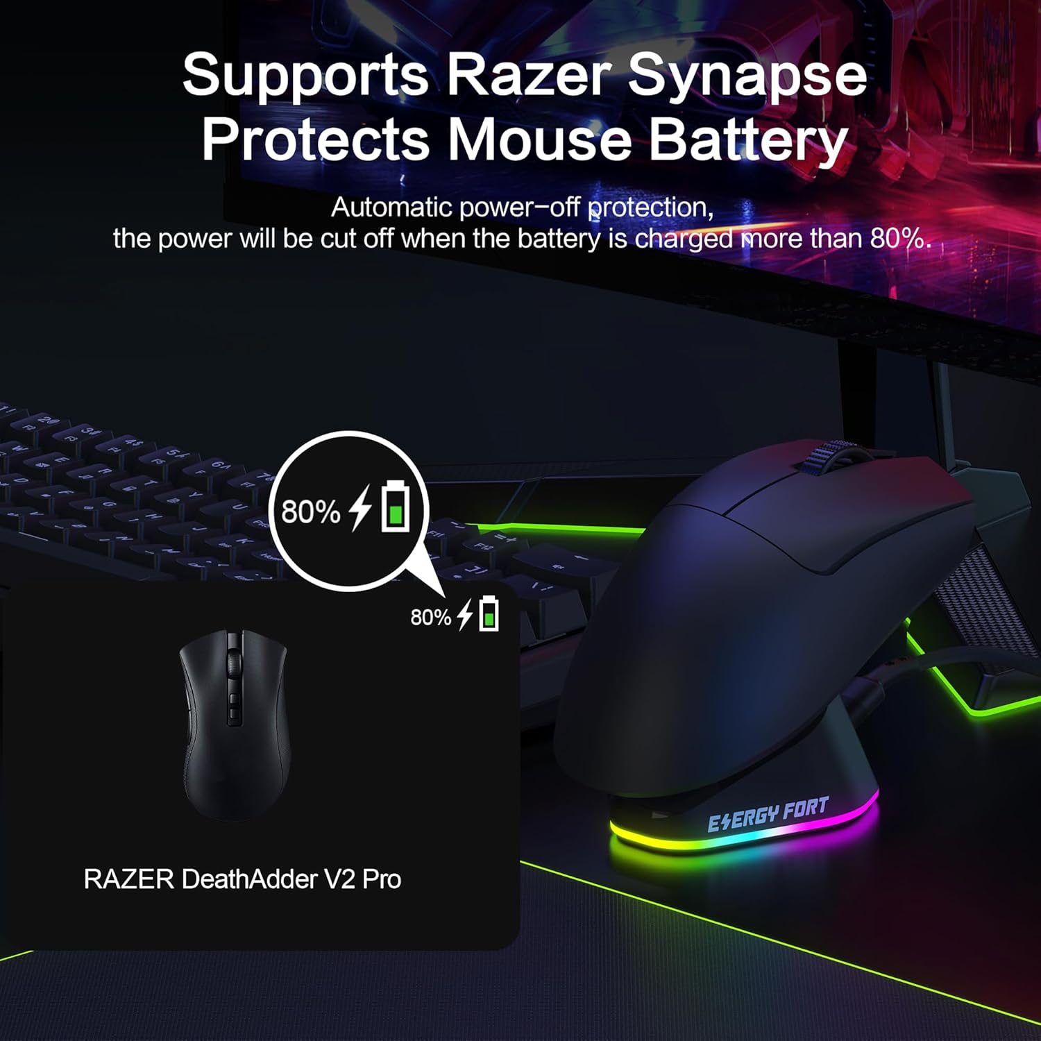 MOSHOU Charging Dock for Razer DeathAdder V2 Pro/Naga Pro/Viper Ultimate/Basilisk Ultimate, RGB Computer Mice Powerplay Charging Puck (Black) - Image 4
