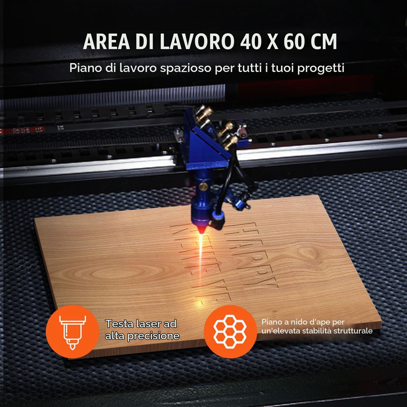 60W Macchina per Incisione Laser CO2 Compatta Piano di Lavoro 600x400mm Velocità di Incisione 1-600 mm/s,Velocità di Taglio 1-400 mm/s Macchina da Taglio per Incisione Tubo Inciso