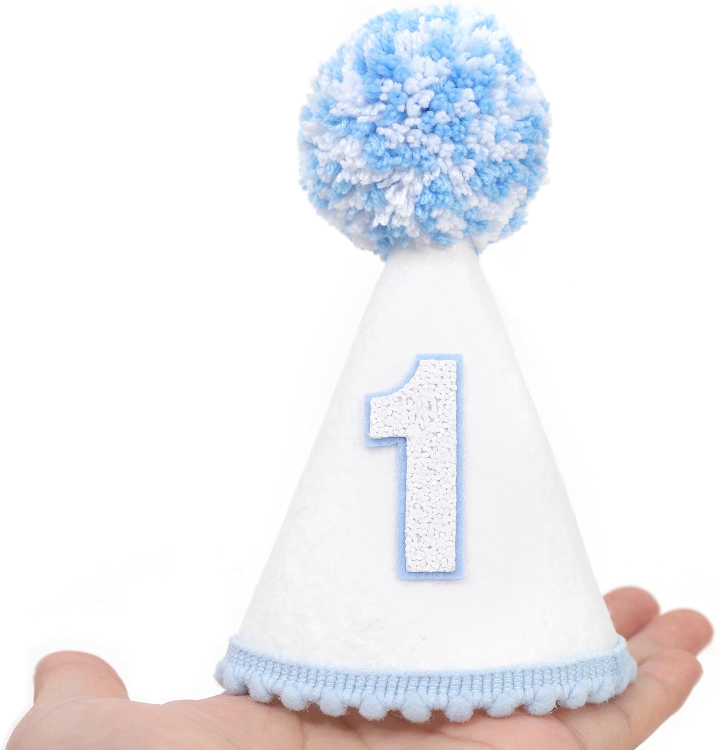 Blue and White 1st Birhtday Hat - Boys 1st Birthday Decorations, Baby Boy First Birthday Crown with Pom Pom, Light Blue Theme Party Hat - Image 4