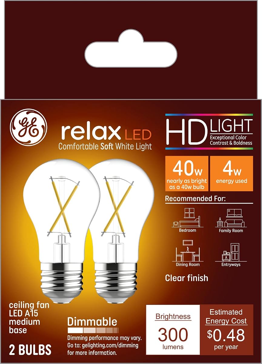 GE Relax LED Ceiling Fan Light Bulbs, 5.5 Watts (60 Watt Equivalent) Soft White HD Light, Frosted Finish, Medium Base, Dimmable (2 Pack)
