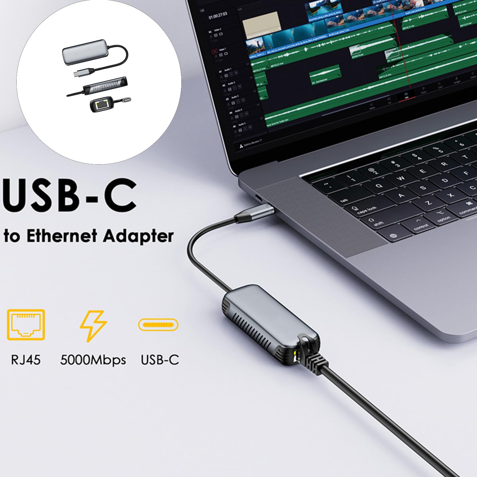 Adattatori Gigabit Ethernet da USB C a RJ45 in alluminio Dongle rete con cavo velocità da 5 Gbps per tablet portatile Adattatore da USB C a Ethernet