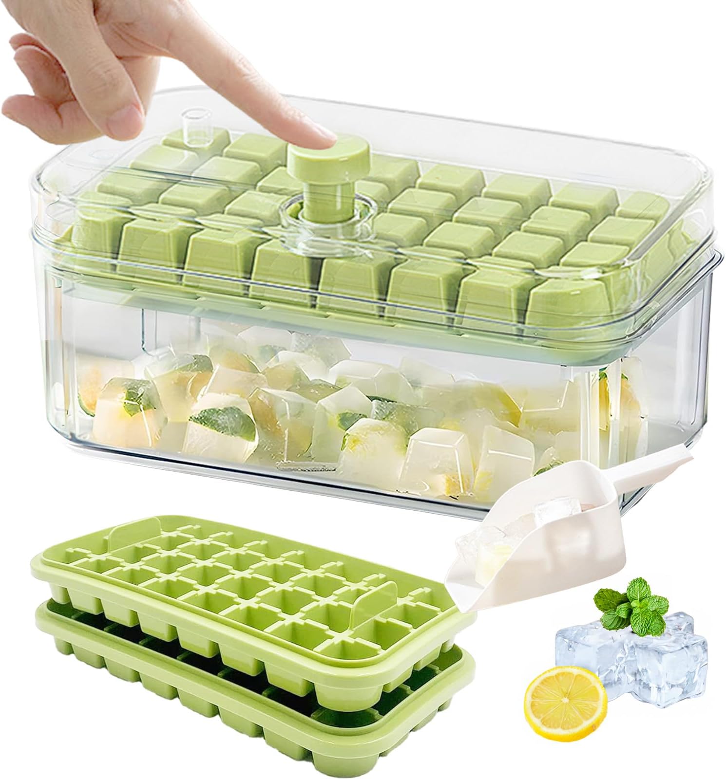 YumLock Ice Cube Tray with Lid and Bin, Set of 2 - BPA Free Ice Cube Trays for Freezer - 64 Cubes Total, Green