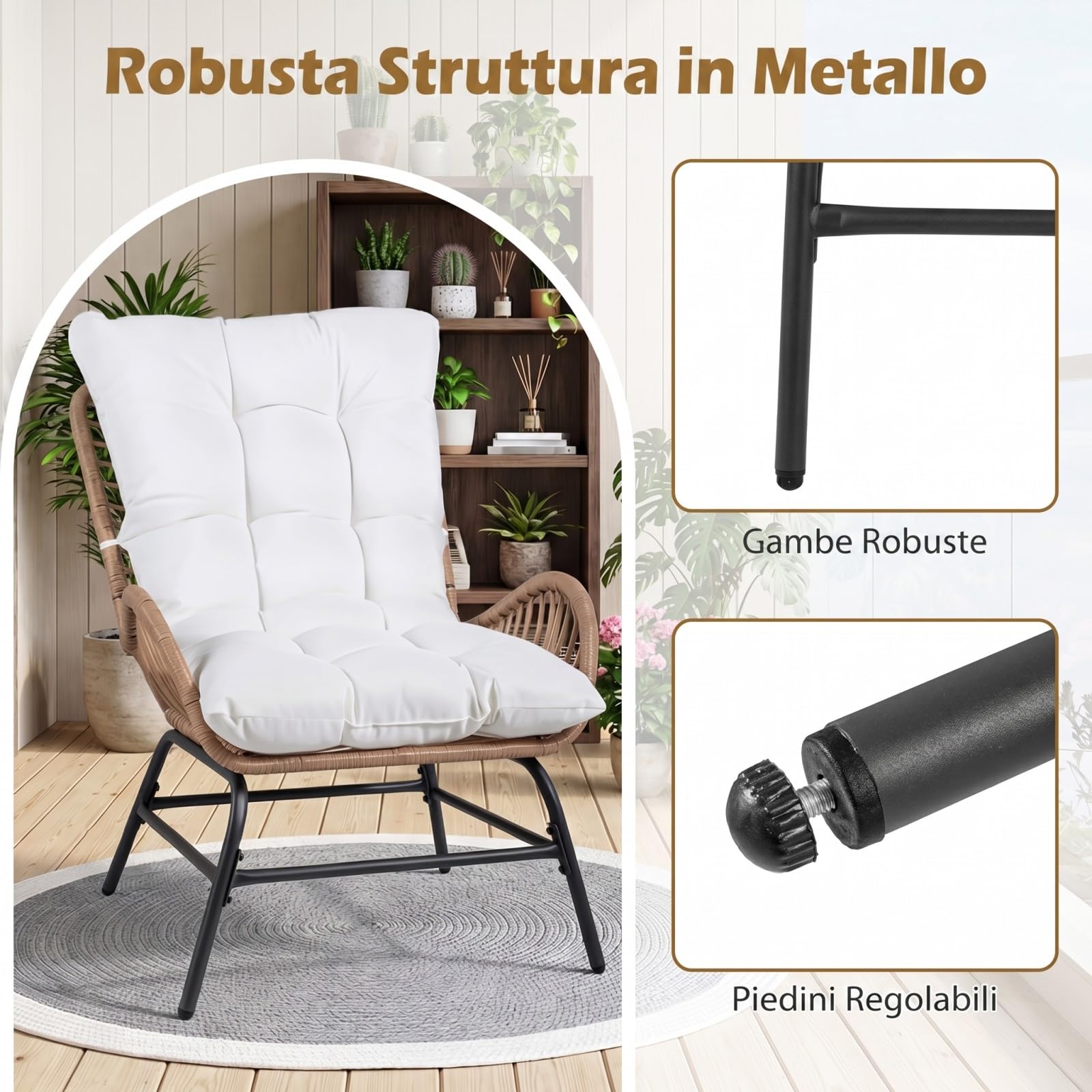 COSTWAY Poltrona Relax da Giardino, Sedia in Rattan con Cuscino Morbido, Telaio in Metallo, Poltrona Ergononica in Rattan per Giardino, Balcone Soggiorno, Portata 180 kg (Bianco,1)