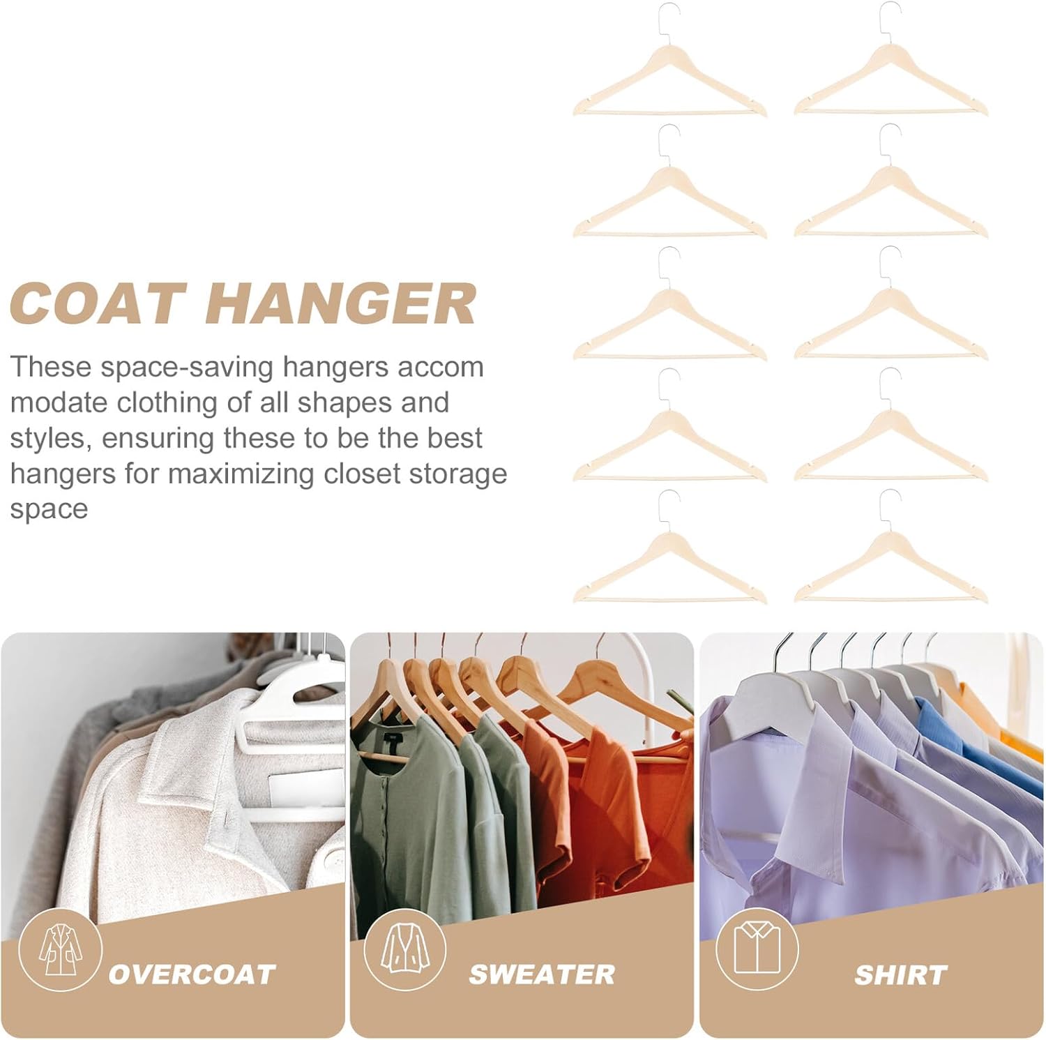 10Pcs Wooden Multipurpose Clothes Hangers Non-Skid Anti-Slip Trousers Holders Space-Saving Wardrobe Storage for Men Women