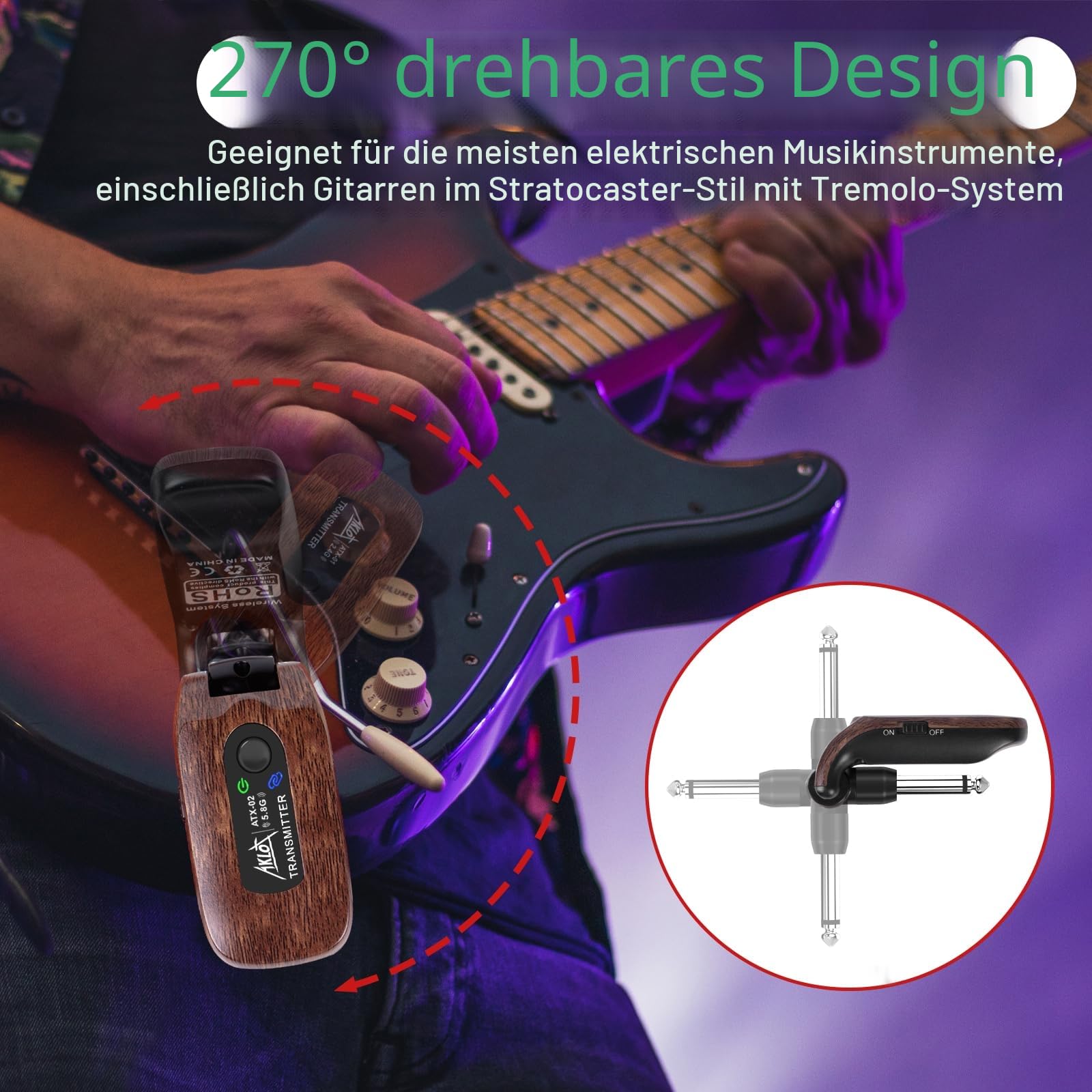 Drahtloses Gitarrensystem,AKLOT 5,8 GHz Drahtloses Sender Empfänger Set Eingebauter Wiederaufladbarer Lithium-Akku Digital für E-Gitarren-Bass