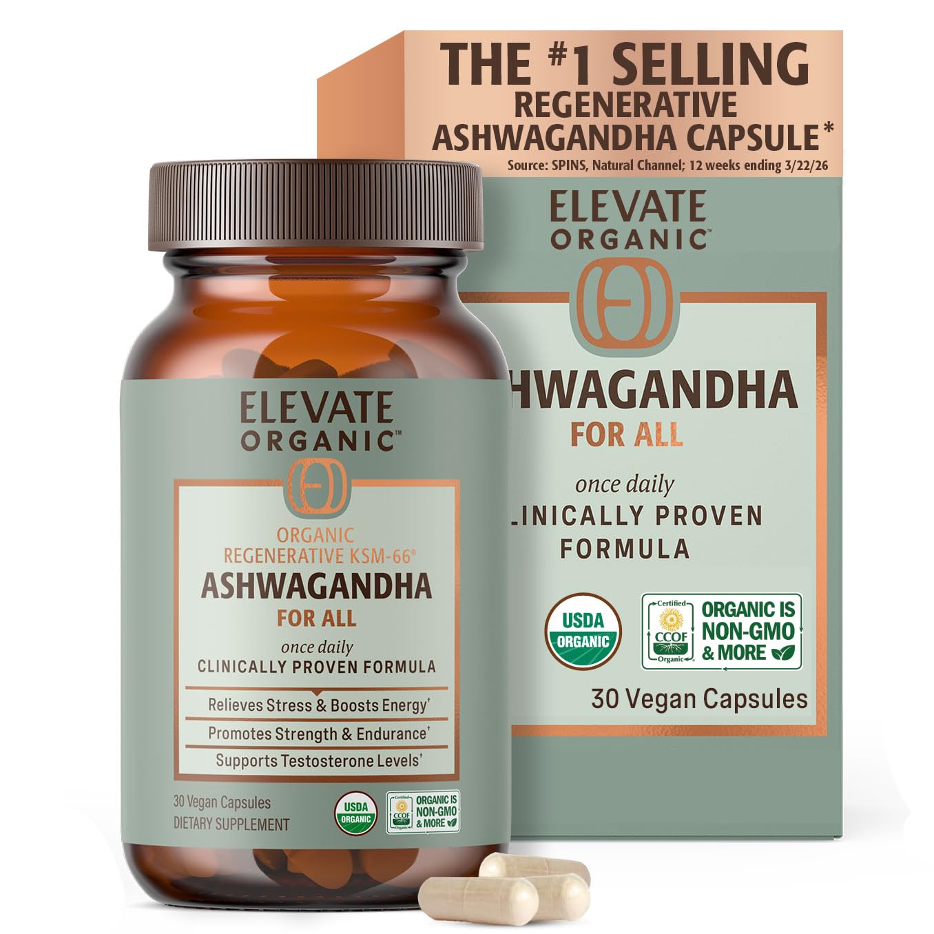 ELEVATE ORGANIC Regenerative Fermented KSM-66 Ashwagandha Vegan Capsules with Acti Veda™ (600mg, 30 Servings), Up to 150% More Effective Than KSM-66 Alone