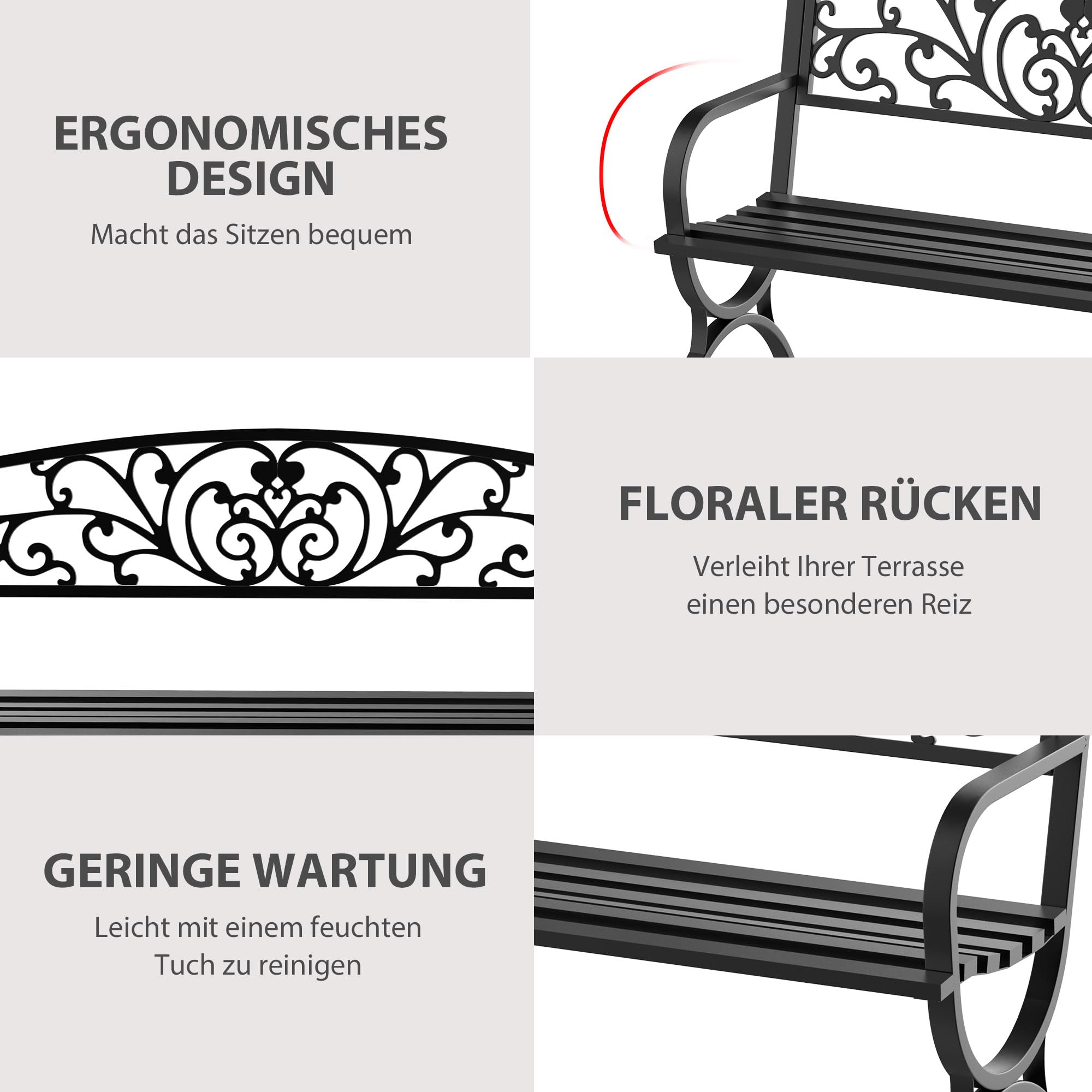 Outsunny 2-Sitzer Metall Gartenbank bis 240kg Bank 127x60x85 cm Schwarz