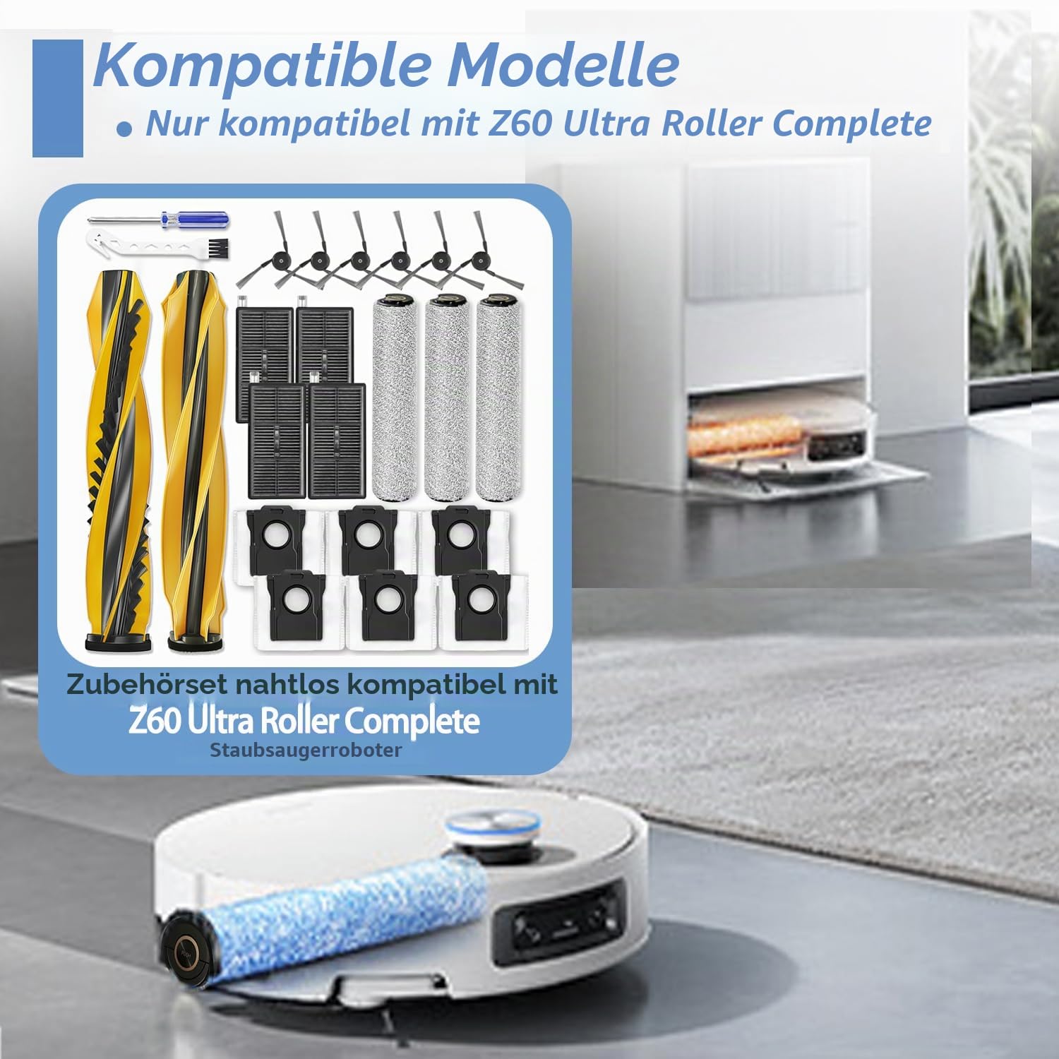 Z60 Ultra Ersatz Zubehör Kit Kompatibel mit MOVA Z60 Ultra Roller Komplette Roboter Staubsauger Teile 1 Hauptbürste 3 Roller Mop Tuch 4 HEPA Filter 6 Seitenbürste 6 Staubbeutel