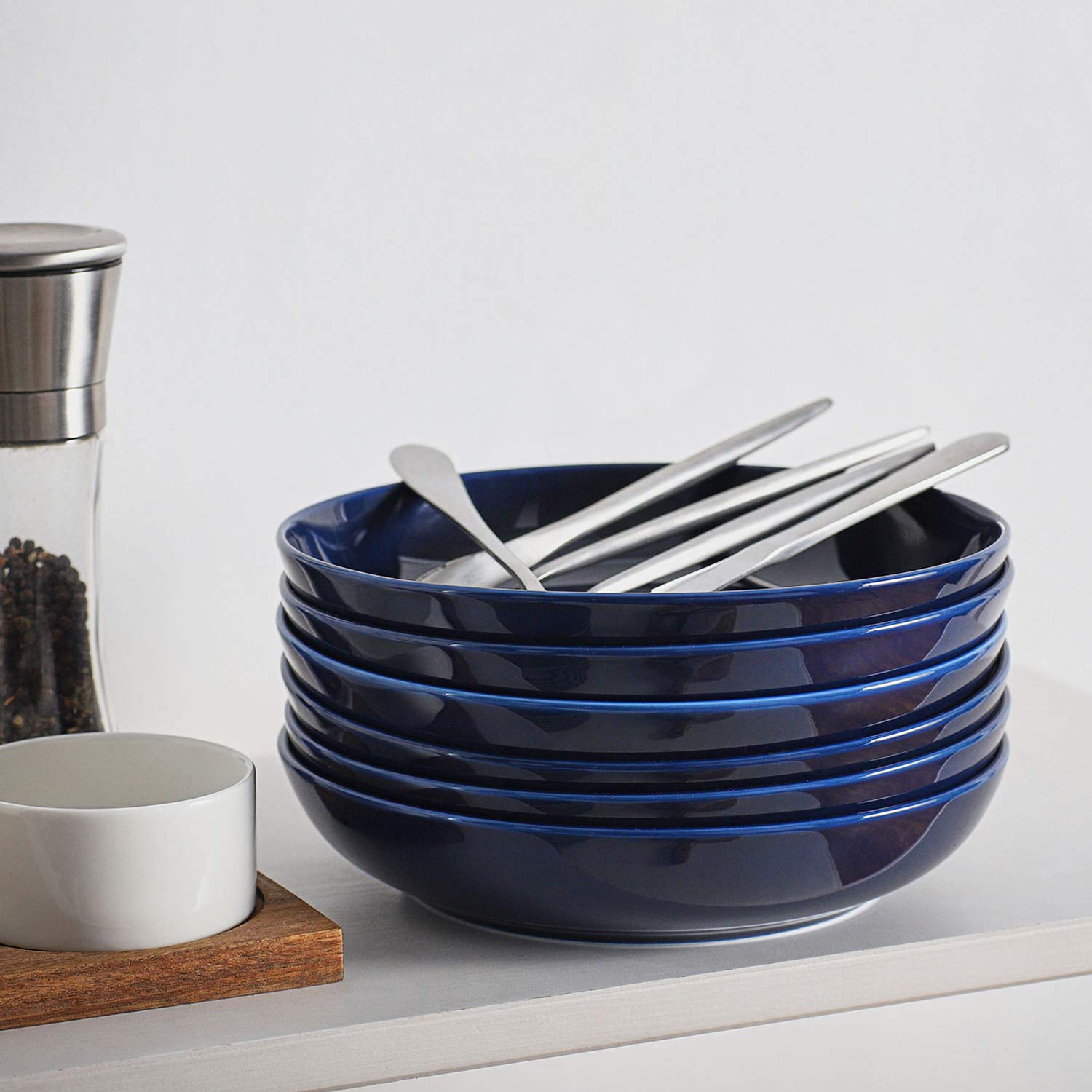 Y YHY Tiefe Teller 6er Set, 21,6 x 4,5cm Tiefe Essteller, Suppenteller, Salatschüsseln, Pastaschüssel für 6 Personen, Große Speiseteller Porcelain für Pasta, Gulasch, Suppen und Salat-880ml, Blau Matt