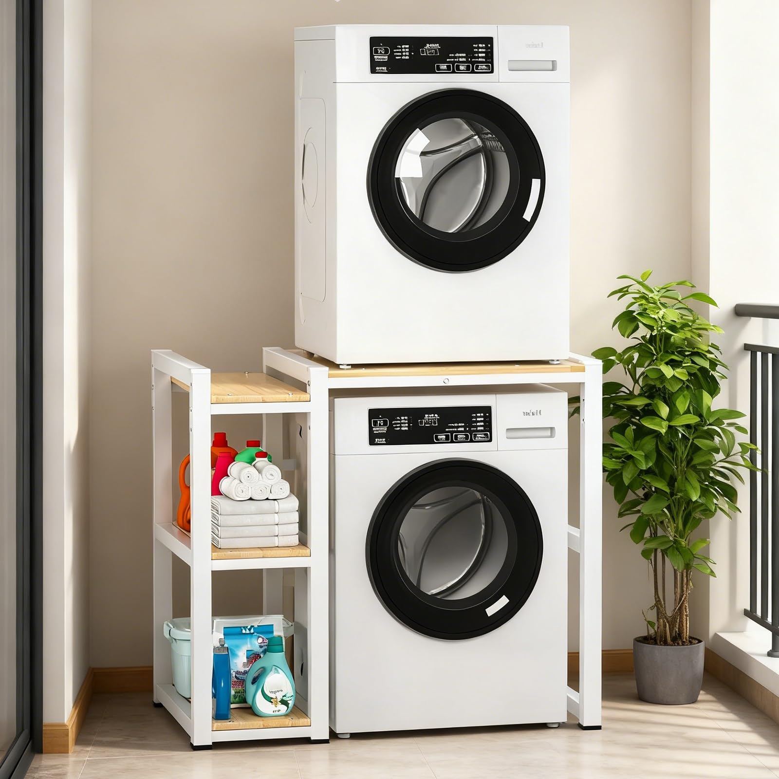 Estante de Almacenamiento para Gabinete de Lavadora, Mueble para Lavadora Altura Ajustable con Marco Lateral, Ajustable en Altura de 3 Niveles, Capacidad de 300 kg(White)