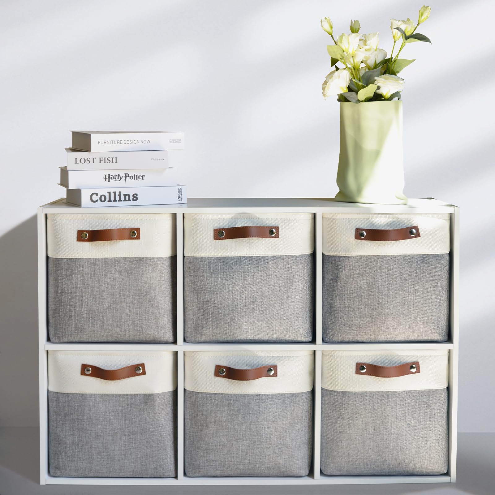 Patvingot Collapsible Fabric Cube Storage Bins 11x11×11, Pack of 6 Closet Basket Boxes with PU Handles for Organizing Shelves, Toys, Clothes, Home, Office (White & Gray)