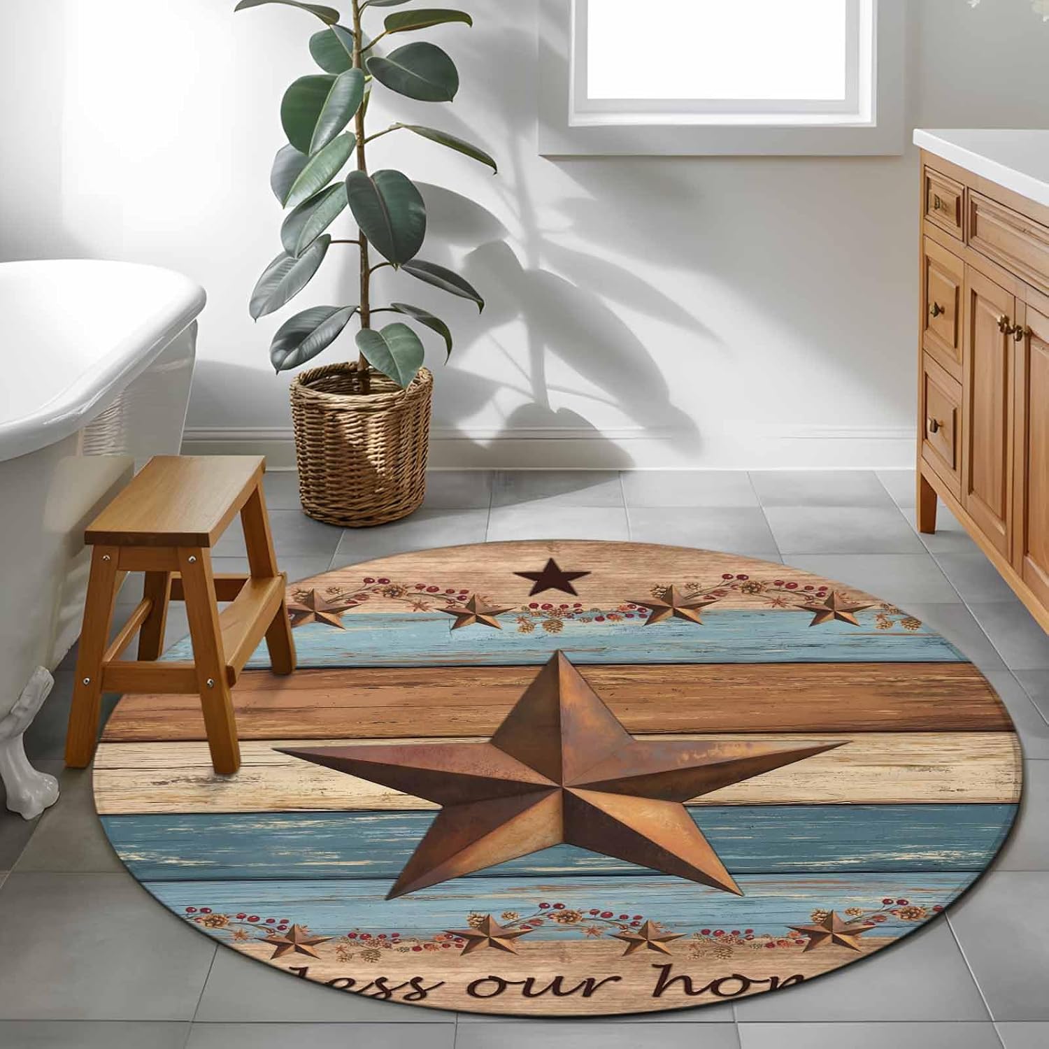 DecorLovee Small Round Rug 3Ft Non-Slip, Western Texas Star Retro Circle Area Rugs for Living Room Bedroom, Vintage Farmhouse Blue Brown Wood Grain Indoor Floor Mats Carpet Runner for Home Decor