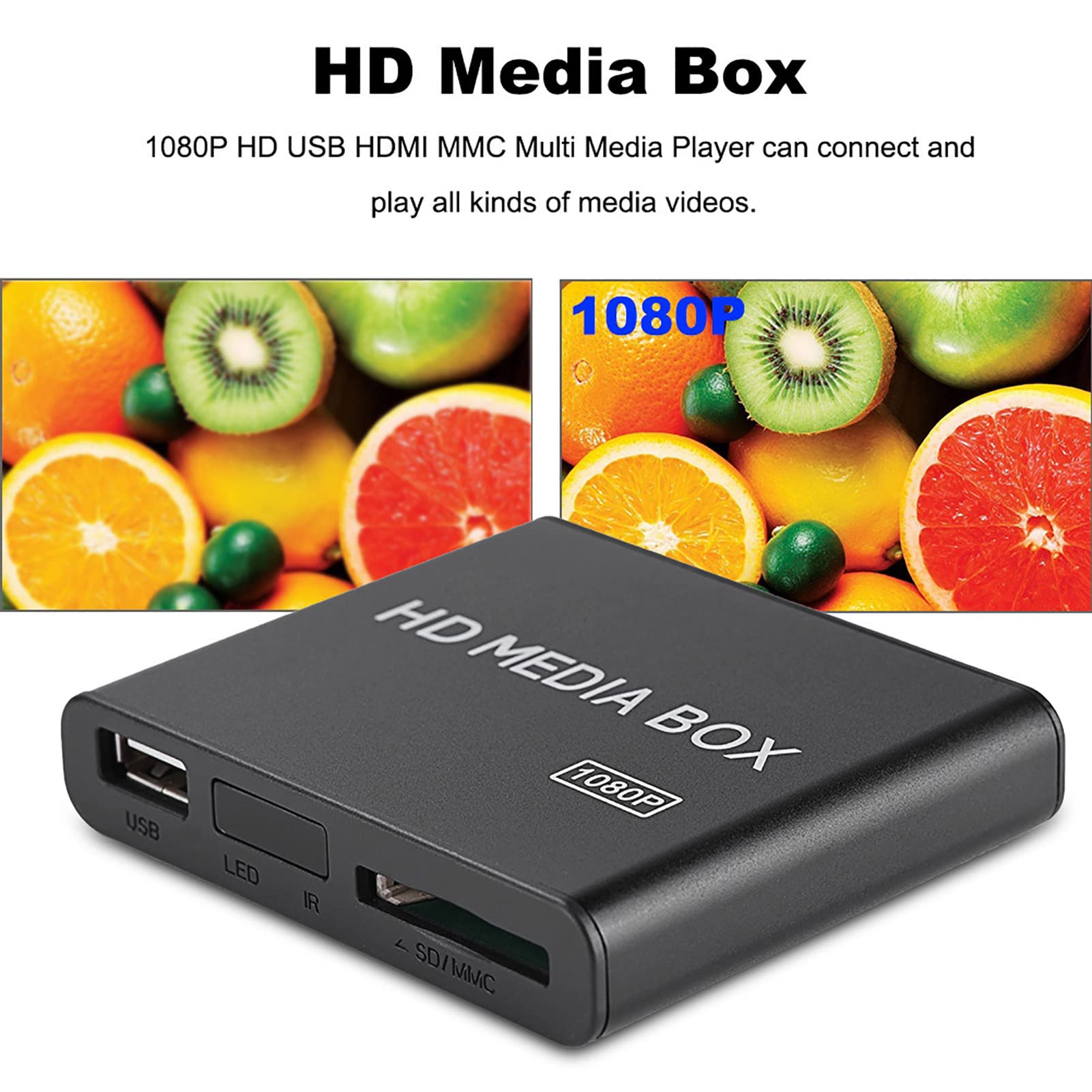 Reproductor Multimedia HD Full HD 1080P Mini Box Compatible con USB MMC RMVB MP3 AVI MKV con Salida AV para Entretenimiento en el Hogar de TV (Enchufe de la UE)