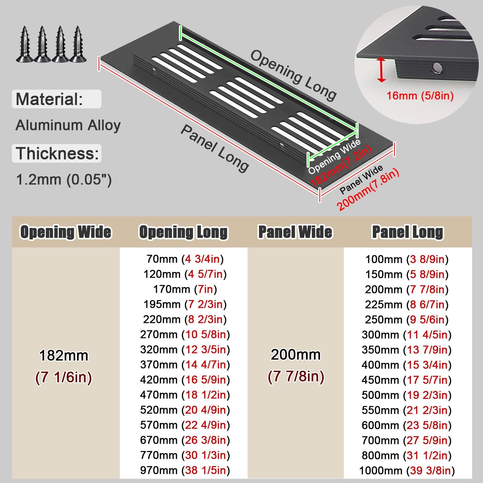 Paquete de 2 cubiertas de ventilación de aluminio con tornillos, rejilla rectangular para entrada y extracción de aire en armario, fregadero, pared, techo y suelo (182 x 220 mm) - Duradero y fácil