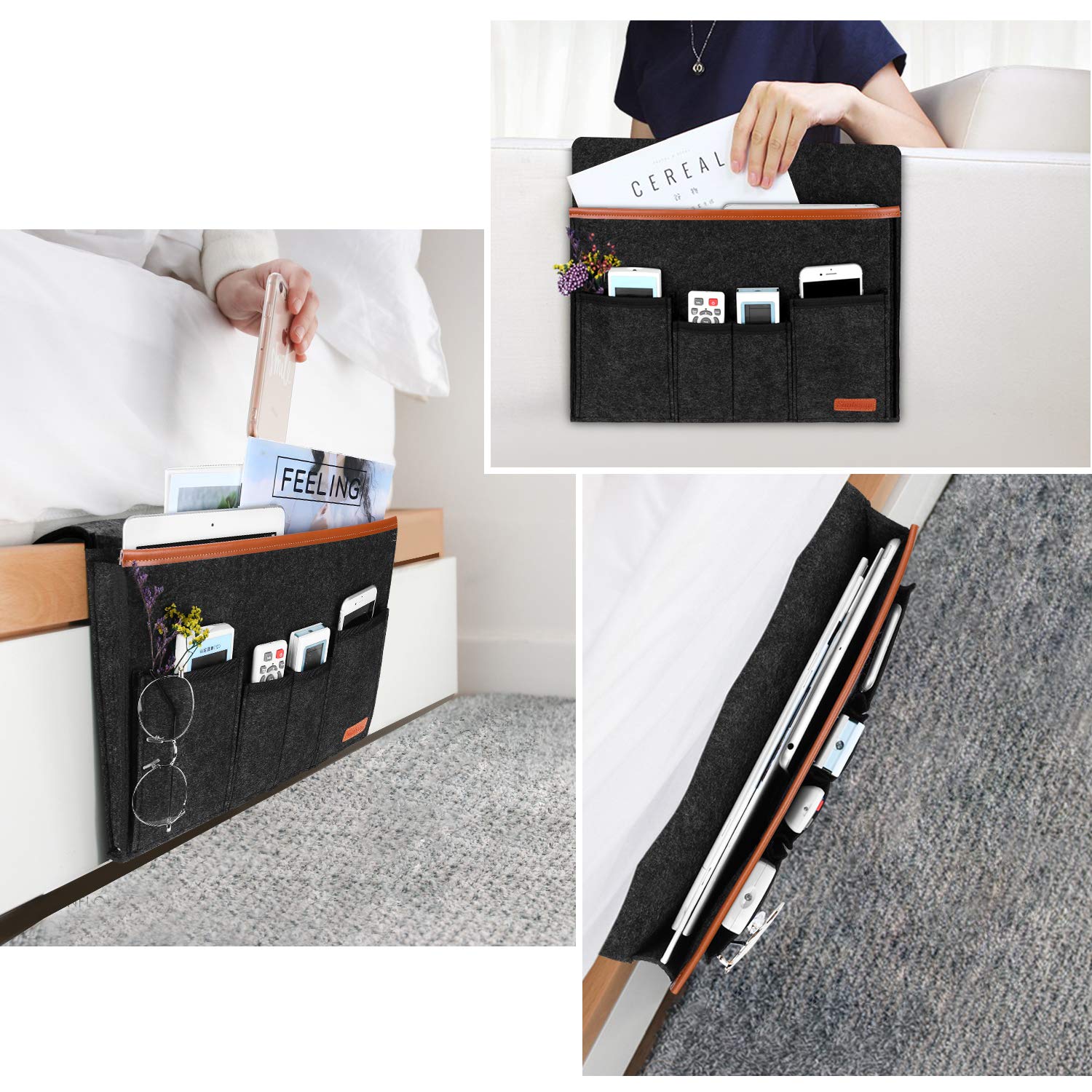 SIMBOOM Borsa da Comodino e Divano Con Antiscivolo Lungo Flap - Tasca Portaoggetti per Letto, Libro, Telecomando, Telefono, Occhiali, Cavo di Ricarica - Grigio Scuro