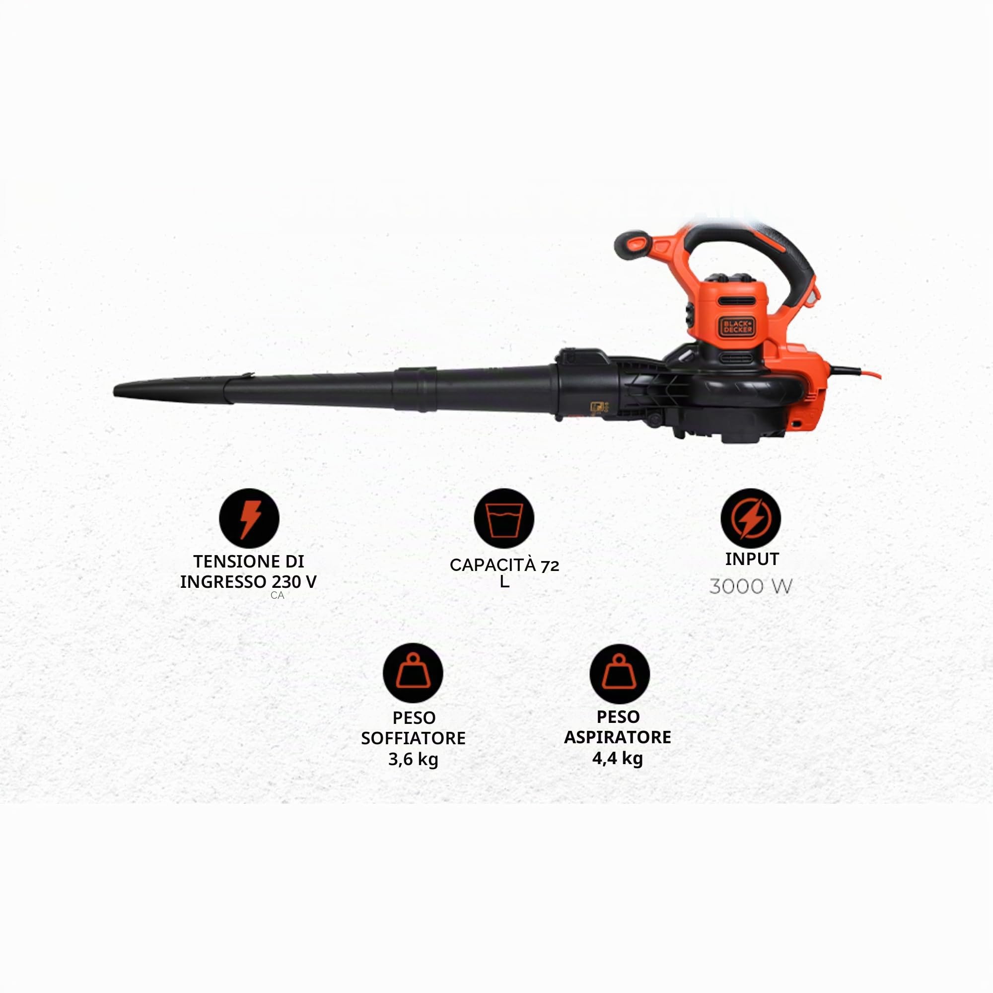 BLACK+DECKER Soffiatore per foglie, aspiratore e tritutatore 3 in 1, 3000 W, con zaino di raccolta da 72 litri, BEBLV300-QS