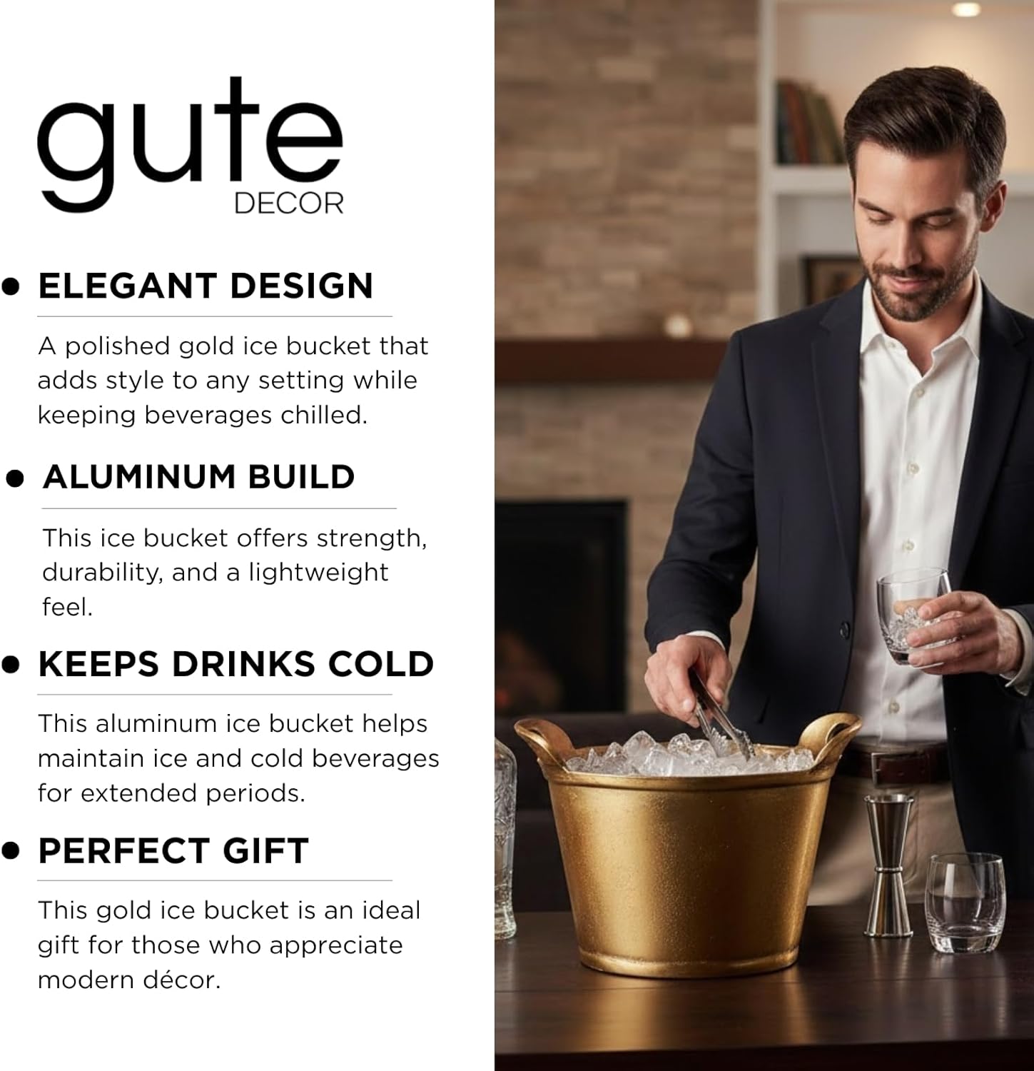 Solid Bronze Gold 12-Quart Double-Walled Insulated Ice Bucket & Champagne Cooler (13.4" x 9.45") | Premium Modern Barware Accessory Beverage Tub Wine, Beer, Drinks, Parties, Celebrations, Entertaining