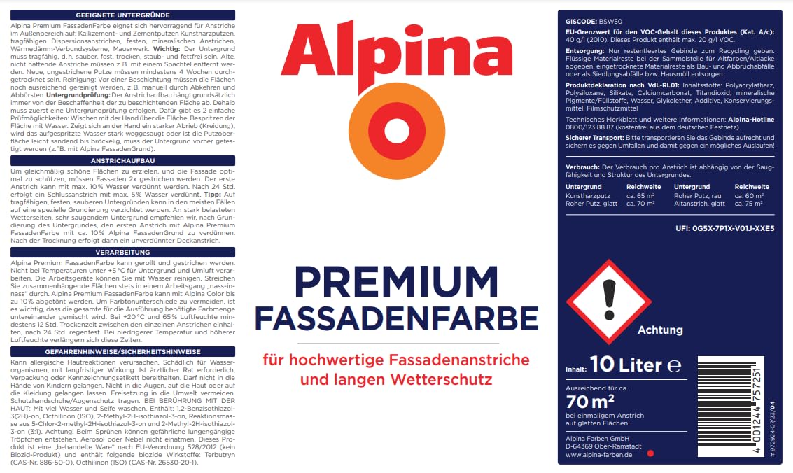 Alpina Fassadenfarbe 10 Liter weiß matt