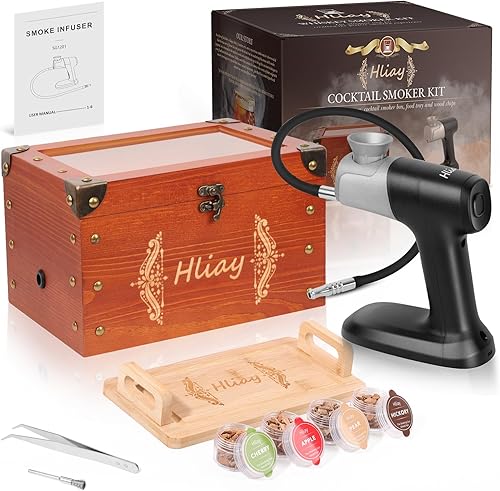 Pistola ahumadora de alimentos con caja de madera para ahumar, pistola de humo para cócteles, kit de ahumador antiguo que incluye bandeja y virutas