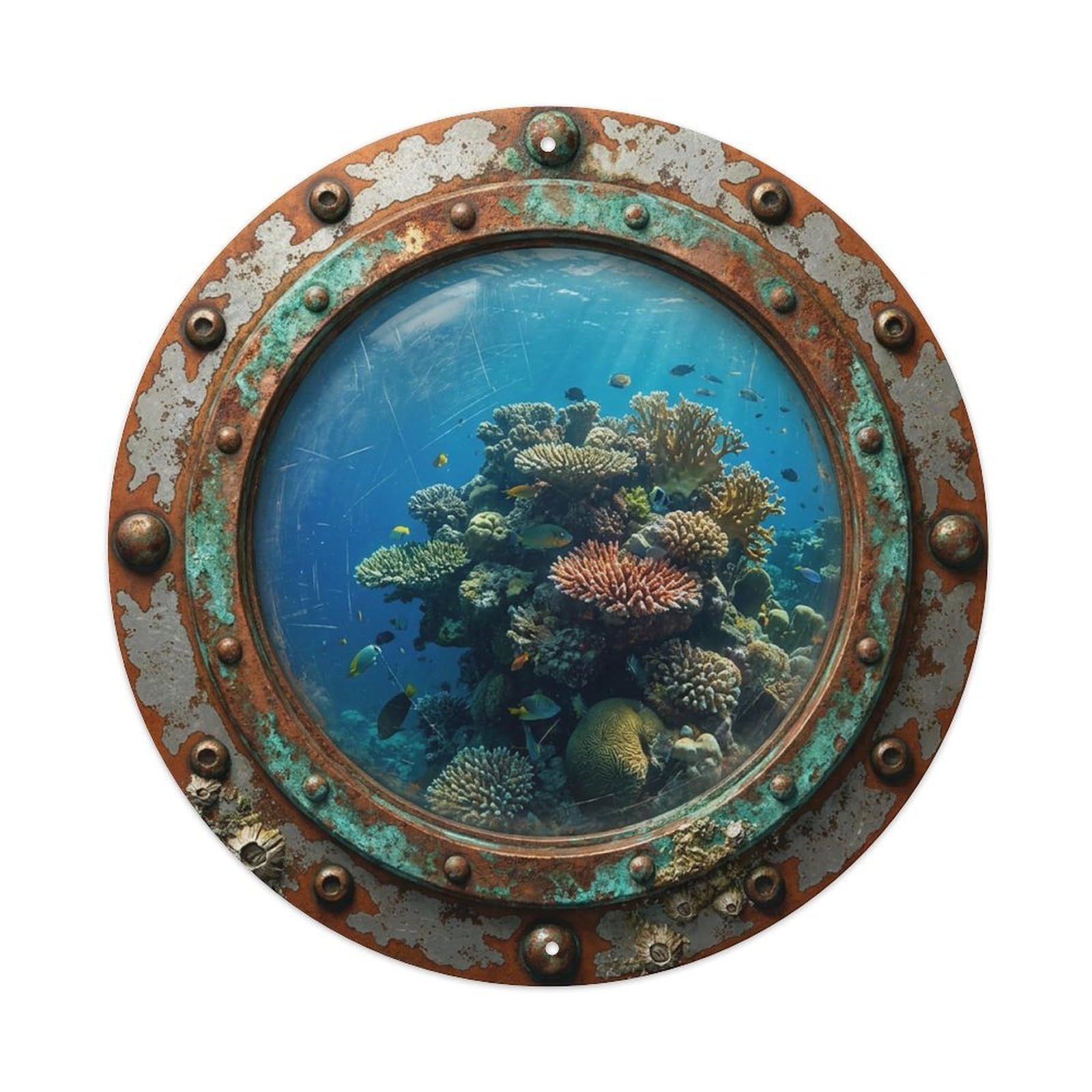 Gead 8X8inch Style Vintage Porthole Massive Coral Nautical Window View Metal Tin Sign