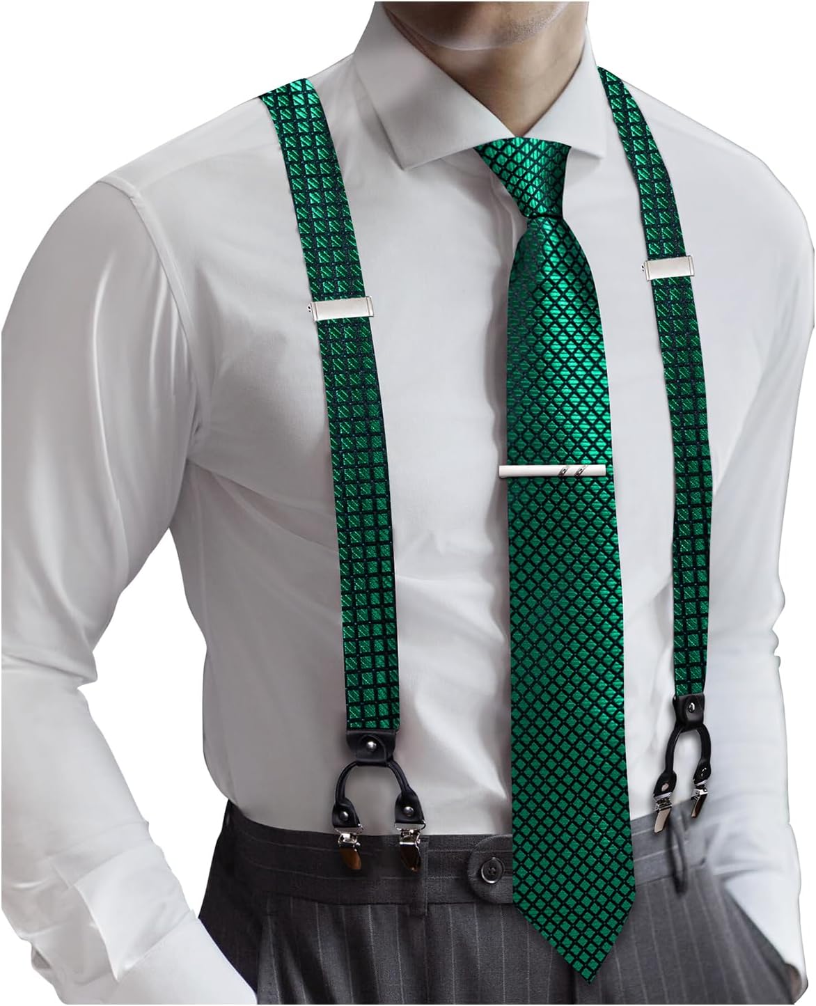 Barry.Wang Men Suspender Set with Necktie Elastic Y Type Heavy Duty 6 Clips Braces Tie Handkerchief Cufflink Pin 6PCS