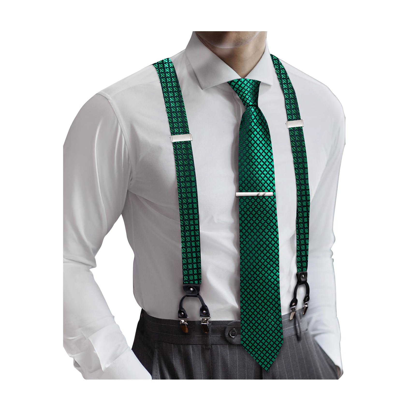 Barry.Wang Men Suspender Tie Sets Elastic Heavy 6 Clips Hanky Cufflink 5PCS | Classic Suspender Set for Man Necktie Y Type Adjustable Heavy Duty 6 Clips Braces Pocket Square Cufflinks Party