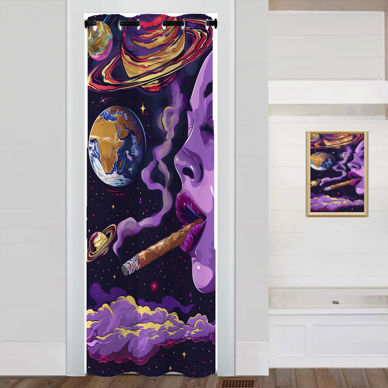 Hippie Doorway Curtain, Anime Cool Aesthetic Trippy Space Room Darkening Blackout Curtain for Privacy Bedroom Doorway Living Room, 1 Panel 34" W X 80" L