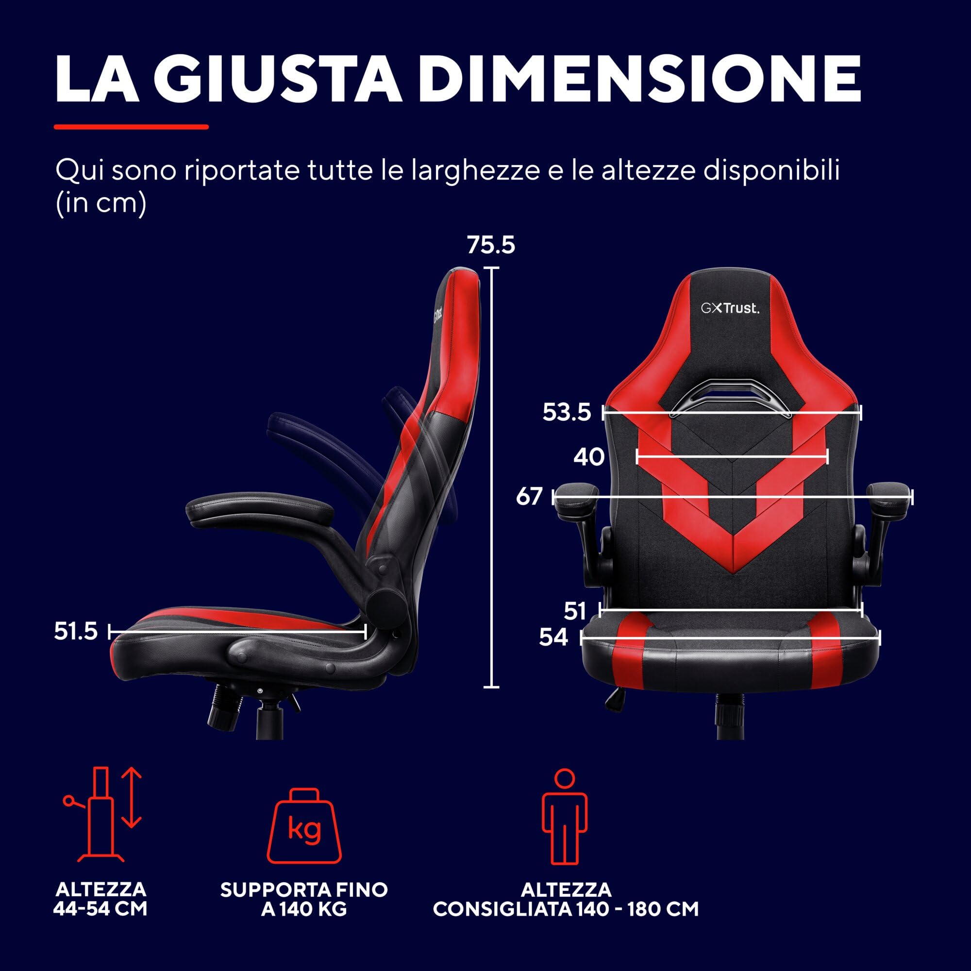 GXTrust 1703 Yezz Sedia Gaming con Braccioli Imbottiti, Regolabile in Altezza, Gas di Classe 4, Sedia da Gaming Inclinabile Fino a 140 kg, Rivestimento in Tessuto, per PC Ufficio Gioco, Rosso