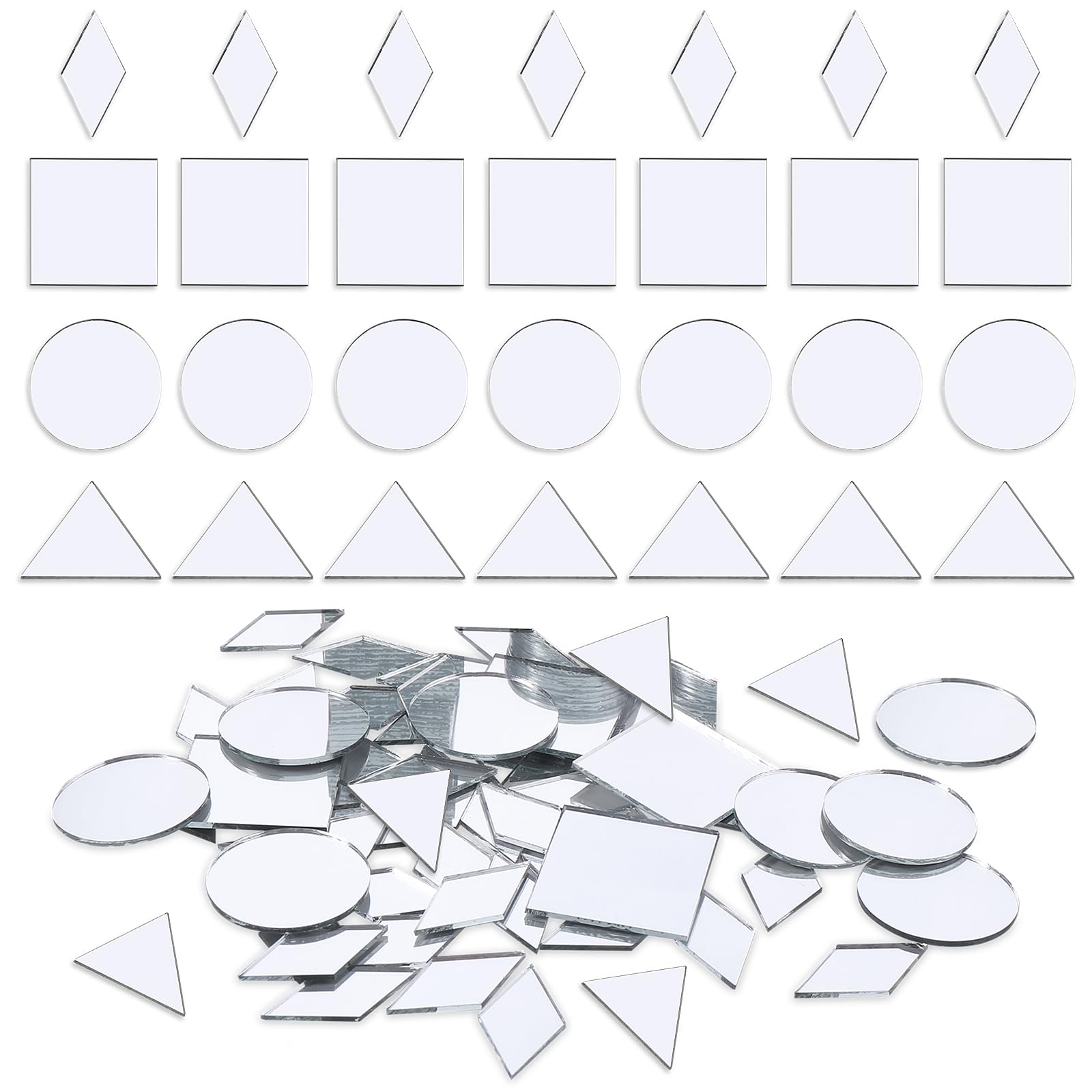 Prasacco 120 espejos pequeños para manualidades, 4 formas de espejo para manualidades, espejo redondo de diamante cuadrado para manualidades, azulejos de mosaico para decoración de marco de lámpara de