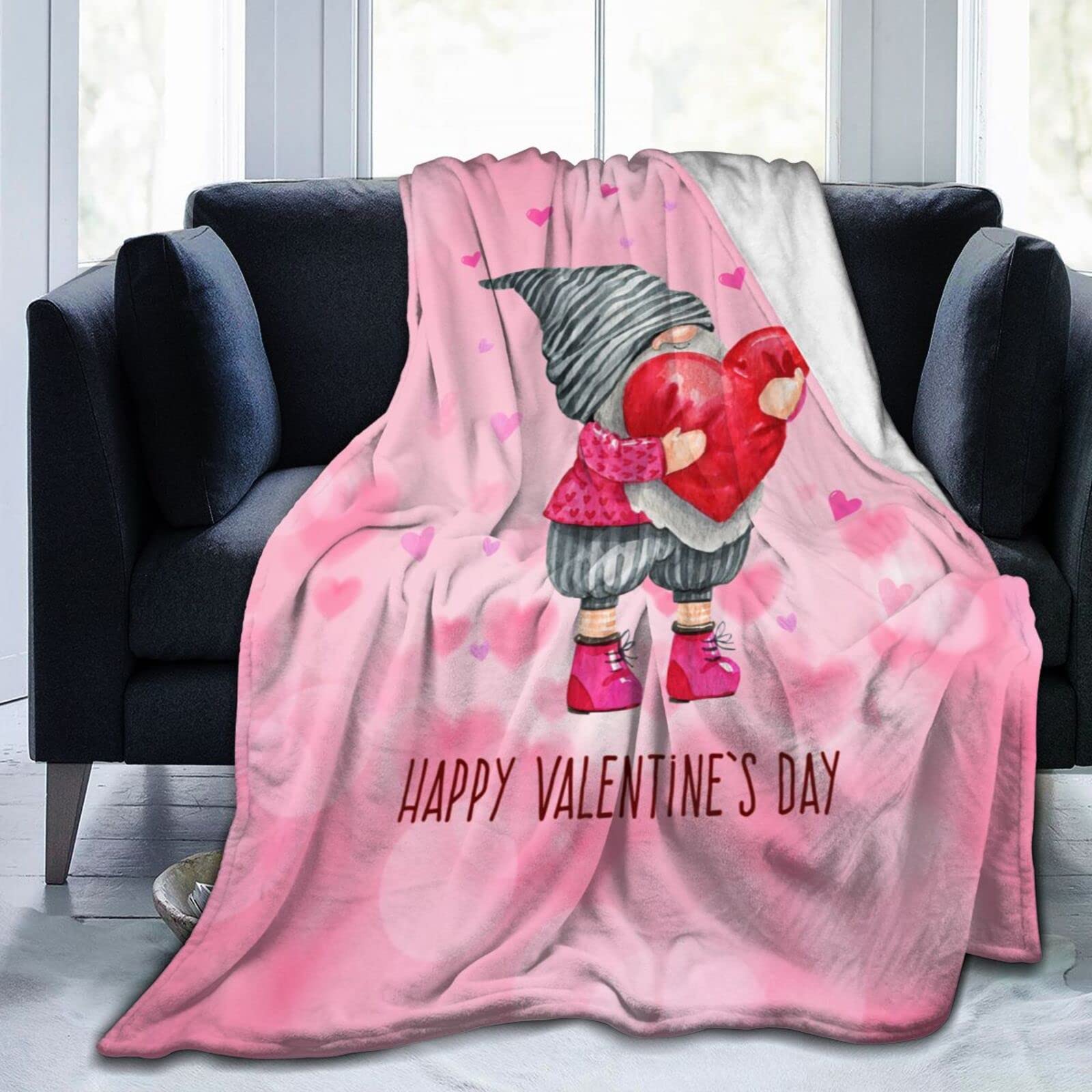 Lsjuee Valentine's Day Gnome Throw Blanket Warm Cozy Lightweight Blankets Happy Valentine's Day Gift Flannel Blanket for Sofa Couch Bed Office Holiday Decorative 50"X40"