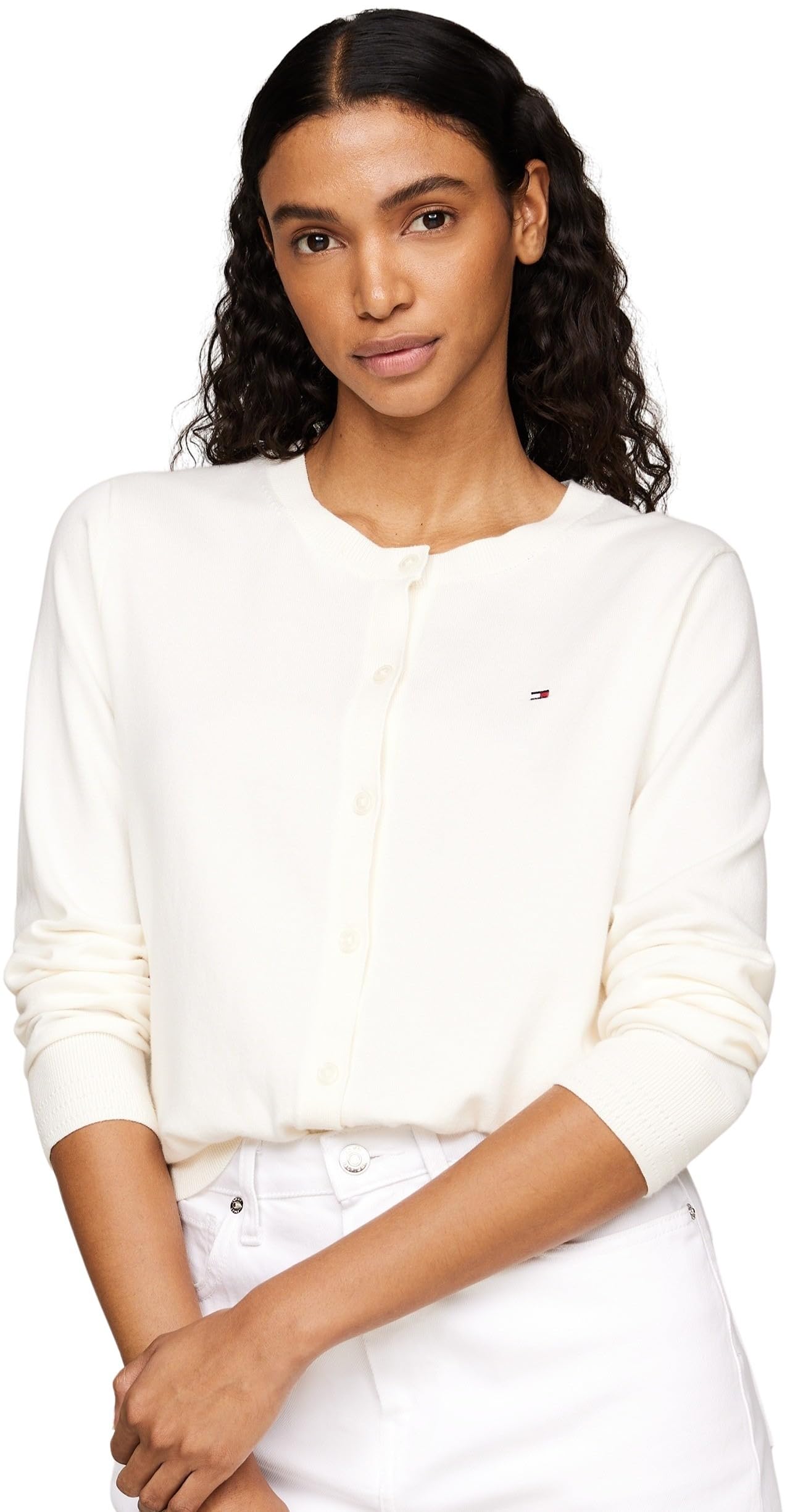 Tommy Hilfiger Women's Elegant Jersey Stitch Cardigan, Off-White (Ivory Petal), L